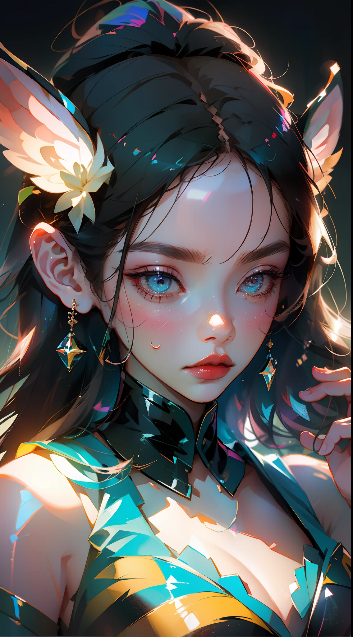 Perfect masterpiece, highest quality, perfect picture quality, 8K, upper body lens, (front portrait: 1.5), delicate face, face close-up, fairy, bizarre glowing transparent eyes, magic transparent eyes, star eyes, gray hair, holographic phantom background, fine details, digital art, 8K wallpaper, flat illustration, color illustration, minimalist style, Rong and Aesthetics: 1.2), Extreme Detail, Colorful, Supreme Detail, Obra-prima, Best Quality T, Reality, Asian Goddess, Soft Curved Shape, Movie Goddess Body Shot, Beautiful Goddess, Extremely Detailed Goddess Shot, Realistic, 1girl, Black Hair, Black Eyes, Glow Eyes, Crop Top, Blush, Sun, Sunshine, Girl, Bare Shoulders, Huge Breasts, Hair Between Eyes,Long Hair, View Viewer, Parted Lips, Simple background, necklace, shine, solo, V-arms, (shiny skin), (masterpiece: 1.4), (best quality: 1.4), ,,, Facigirl, red lips, (: 1.5), (transparent areola), chubby, huge, sweaty, fleshy ass, plump body,