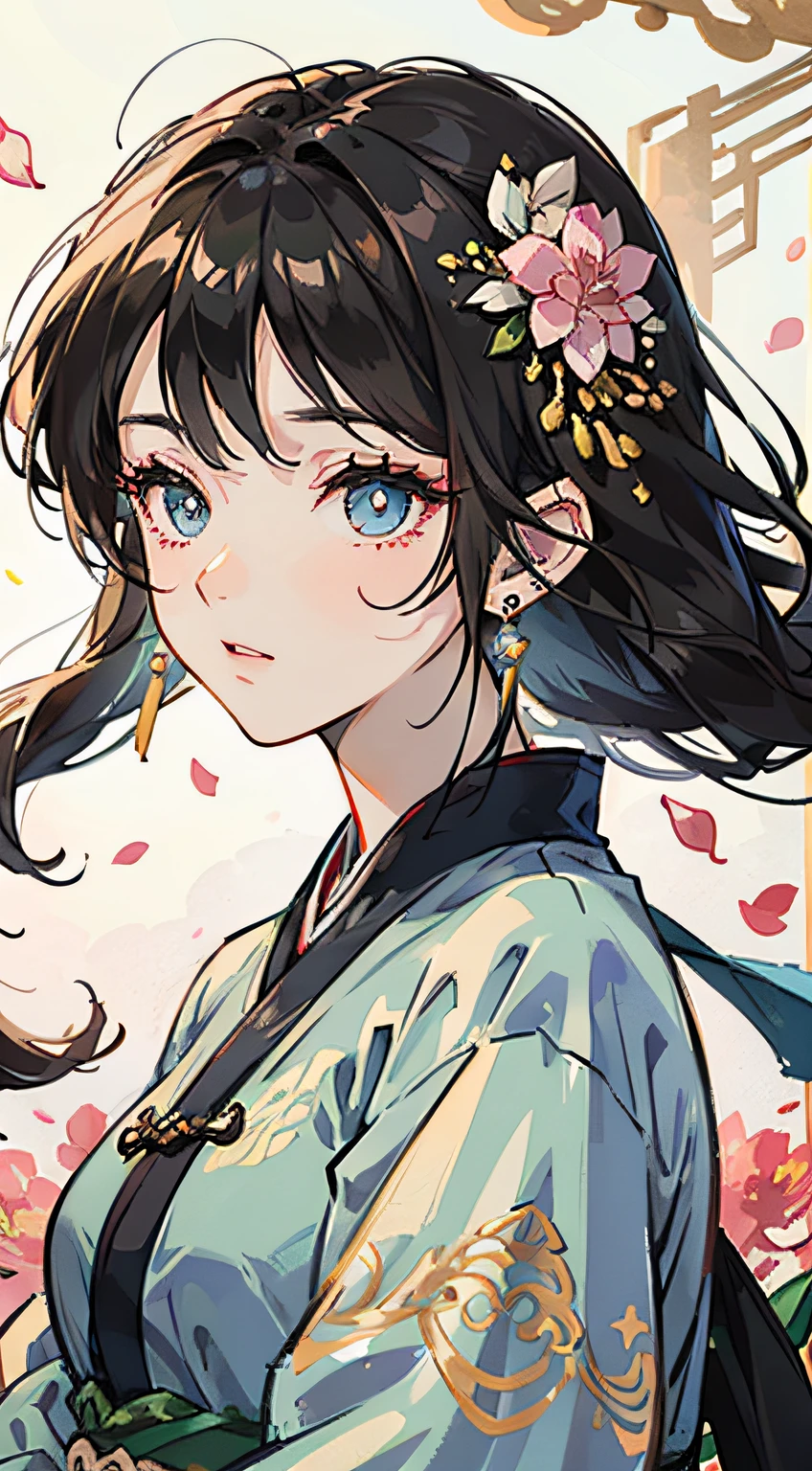 Mature girl , black hair, floating hair, delicate and smart eyes, starry pupils, intricate damask hanfu, gorgeous accessories, wearing pearl earrings, FOV, f1.8, masterpiece, complex scene, flower petals flying, front portrait shot, Chang'e --auto