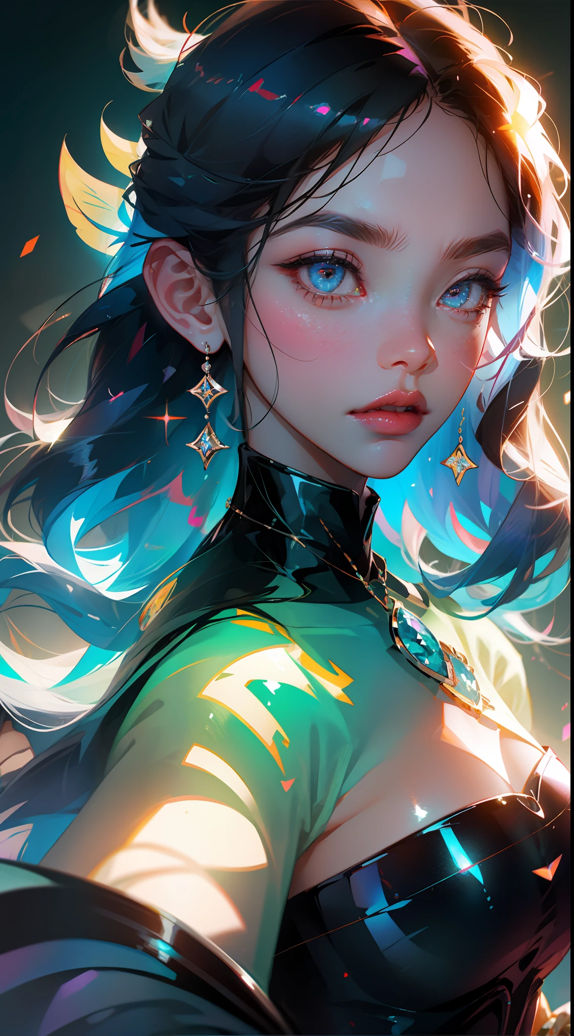 Perfect masterpiece, highest quality, perfect picture quality, 8K, upper body lens, (front portrait: 1.5), delicate face, face close-up, fairy, bizarre glowing transparent eyes, magic transparent eyes, star eyes, gray hair, holographic phantom background, fine details, digital art, 8K wallpaper, flat illustration, color illustration, minimalist style, Rong and Aesthetics: 1.2), Extreme Detail, Colorful, Supreme Detail, Obra-prima, Best Quality T, Reality, Asian Goddess, Soft Curved Shape, Movie Goddess Body Shot, Beautiful Goddess, Extremely Detailed Goddess Shot, Realistic, 1girl, Black Hair, Black Eyes, Glow Eyes, Crop Top, Blush, Sun, Sunshine, Girl, Bare Shoulders, Huge Breasts, Hair Between Eyes,Long Hair, View Viewer, Parted Lips, Simple background, necklace, shine, solo, V-arms, (shiny skin), (masterpiece: 1.4), (best quality: 1.4), ,,, Facigirl, red lips, (: 1.5), (transparent areola), chubby, huge, sweaty, fleshy ass, plump body,