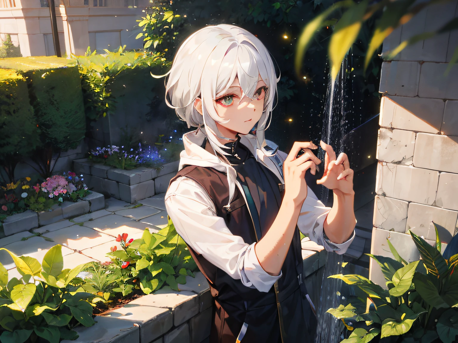 Excellent, masterpiece, white hair, golden eyes, hair, fair skin, men face with sharp angles in the garden park male half-length mirror hand with shower