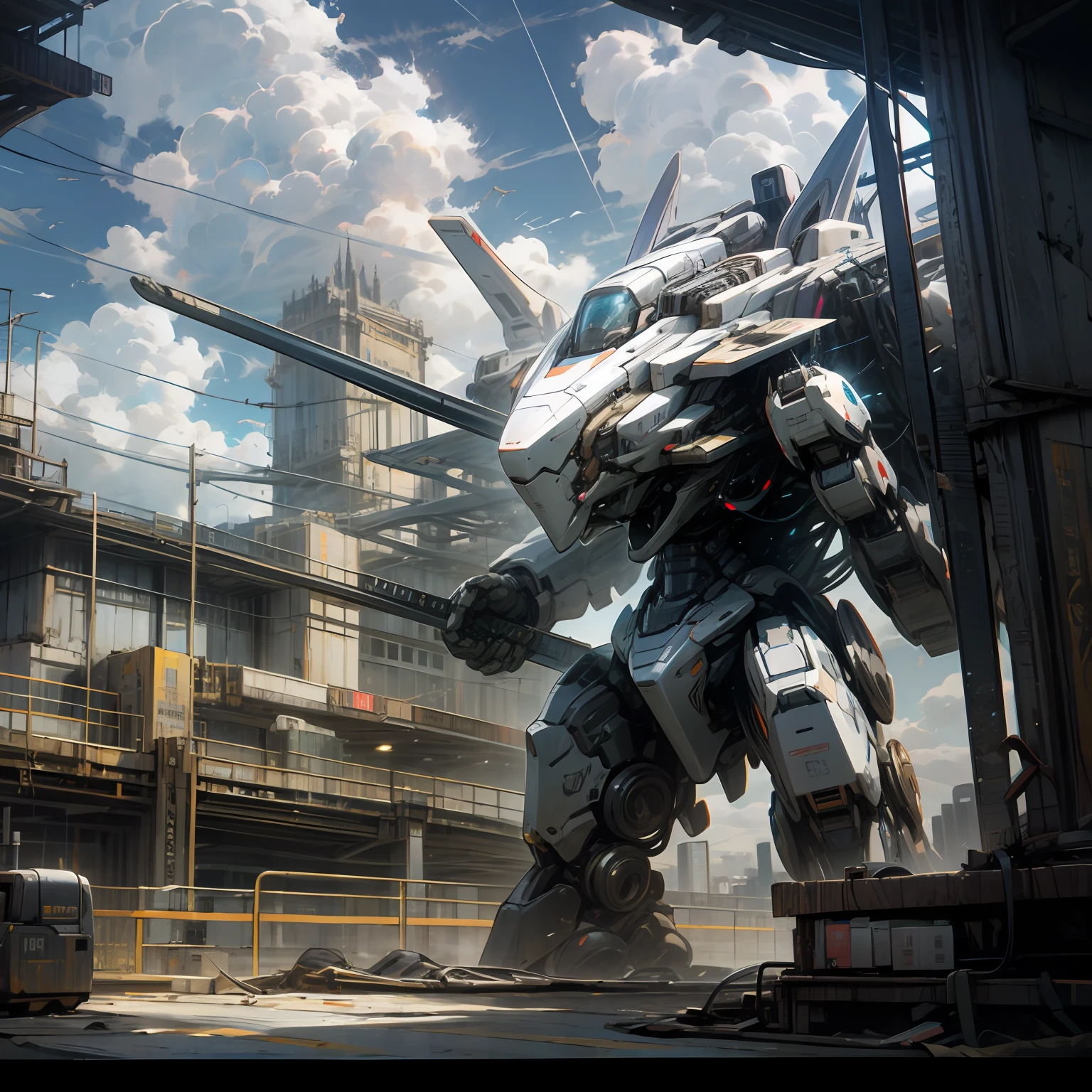 Sky, Clouds, holding_weapon, no_humans, Glow, Robots, Architecture, Science Fiction, Cities, Reality --auto --v6