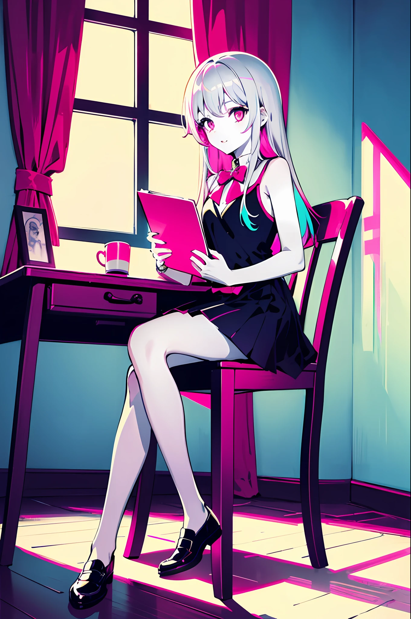 Top quality, one girl, cute, anime, hair is colorful, crystal clear white skin, asian girl, full body, middle school student, 14 years old, radiant, high contrast, seduction, sensuality, hair color is colorful silver-pink, crazy face, sitting on a chair and studying in her own room, facing the desk