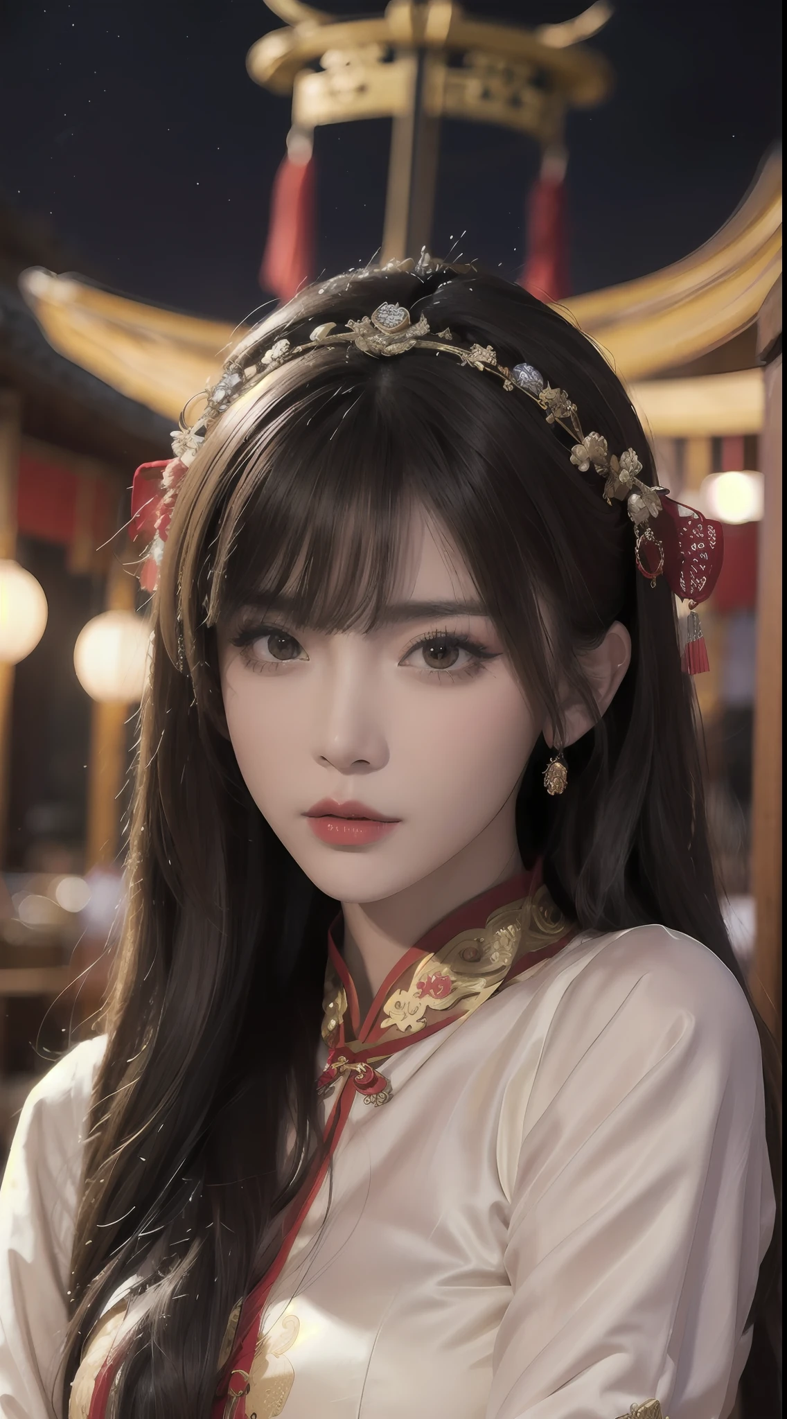 Woman wearing red and gold dress, flower background, palace, hanfu girl, wearing red cheongsam, chinese style, with ancient chinese costume, wearing ancient chinese costume, traditional beauty, Chinese Traditional, chinese girl, cheongsam, chinese costume, chinese princess, hanfu, chinese traditional clothing, chinese costume, 1 27-year-old girl, 1 zodiac goddess from the future, goddess of the pink and purple 12 zodiacs, the goddess of the zodiac in a yellow ao dai, a 12 zodiac ao dai with many black lace detail, mythology Goddess of the 12 zodiacs from the future, zodiac ♏, luxurious glittering zodiac style, dark and mysterious version, zodiac crown, lipstick lips red, thin and beautiful lips, mouth closed, characters made by karol bak and pino daeni, intricate detail, detailed background, extremely detailed, light magic, a woman, clear face, hair long with bangs, beautiful face in detail and well-proportioned eyes, (transparent yellow eyes: 1.8), big round eyes and very beautiful and detailed makeup, foresight, silk dress, mysterious makeup , double bangs and dyed light blonde , upper half portrait, zodiac goddess portrait, arms hanging loosely, Realistic and vivid photo, (stars make up the zodiac: 1.7), (sky background zodiac and fictitious space and time portal: 1.8), fiction art, RAW photo, hanfu picture, best photo, best photo quality, 8k quality, 8k ultra, super realistic, real photo most economical, the goddess poses sexy and seductive,