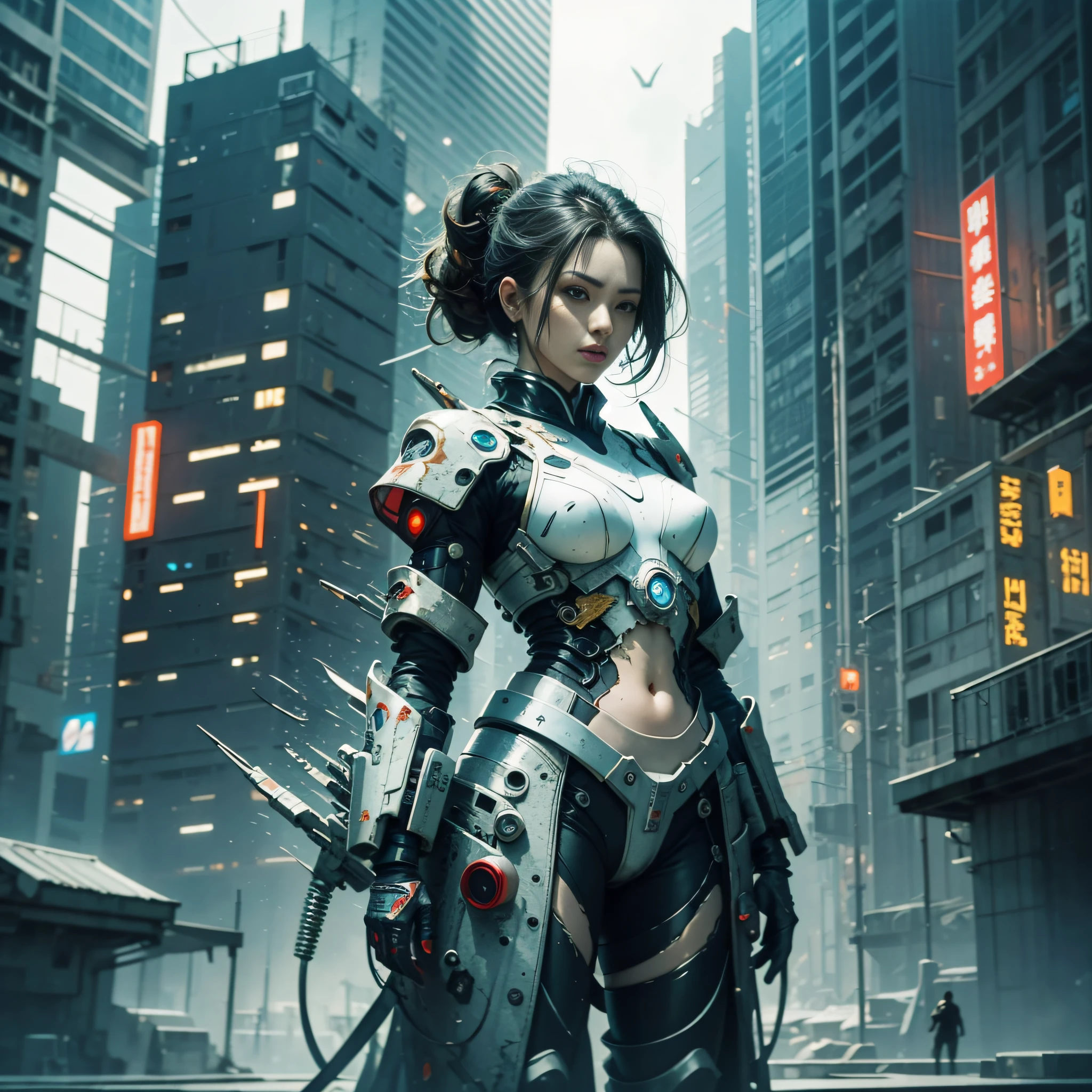 An old Chinese girl, full body, amazing facial features, sharp eyes, cyberpunk, holographic aura, surreal sci-fi art, futuristic sci-fi aesthetics, hanfu (tattered, torn), mecha, complex design, game model, movie edge light, exquisite light, masterpiece, ultra detail, epic composition, ultra hd, high quality, highest quality, 32k --niji 5