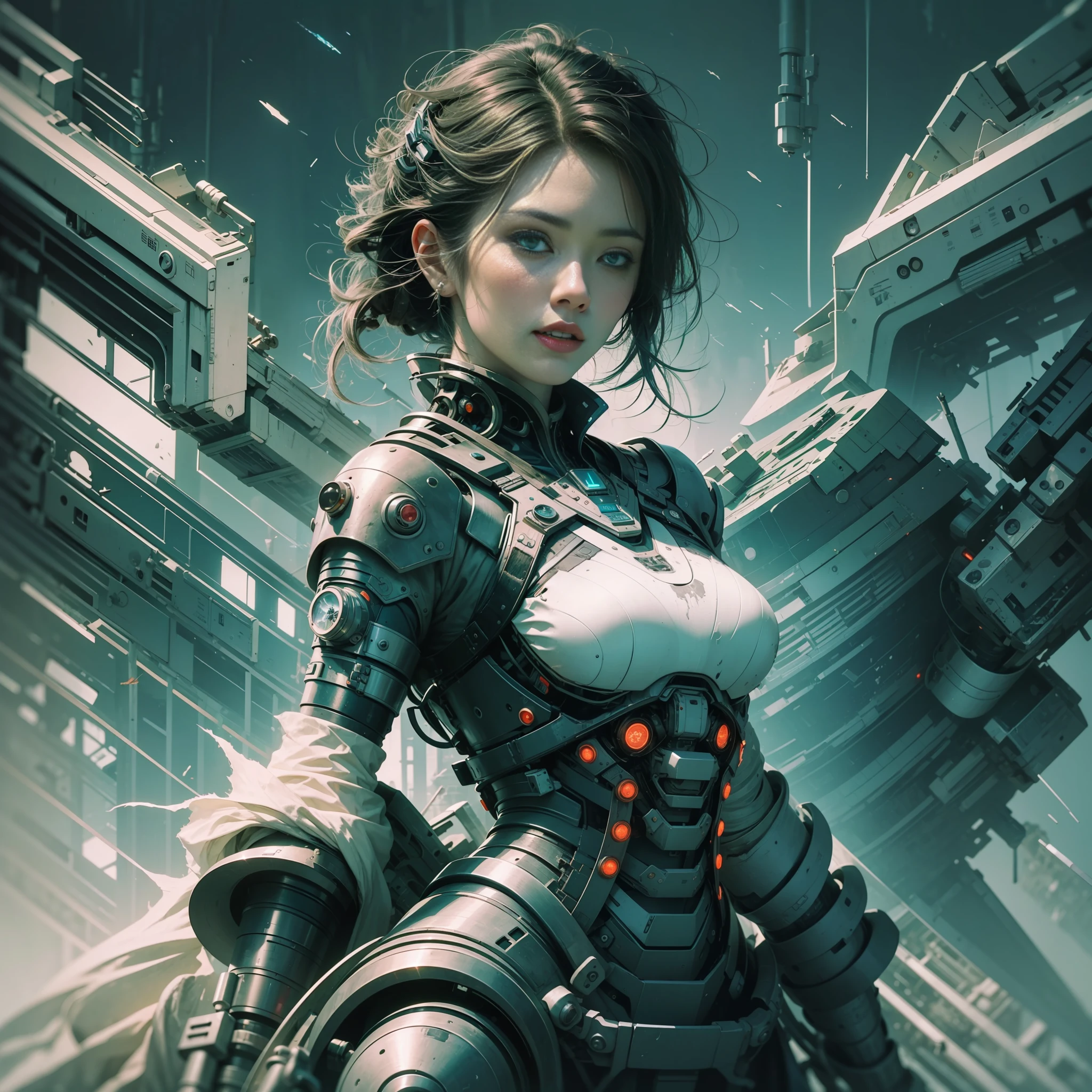 An old Chinese girl, full body, amazing facial features, sharp eyes, cyberpunk, holographic aura, surreal sci-fi art, futuristic sci-fi aesthetics, hanfu (tattered, torn), mecha, complex design, game model, movie edge light, exquisite light, masterpiece, ultra detail, epic composition, ultra hd, high quality, highest quality, 32k --niji 5