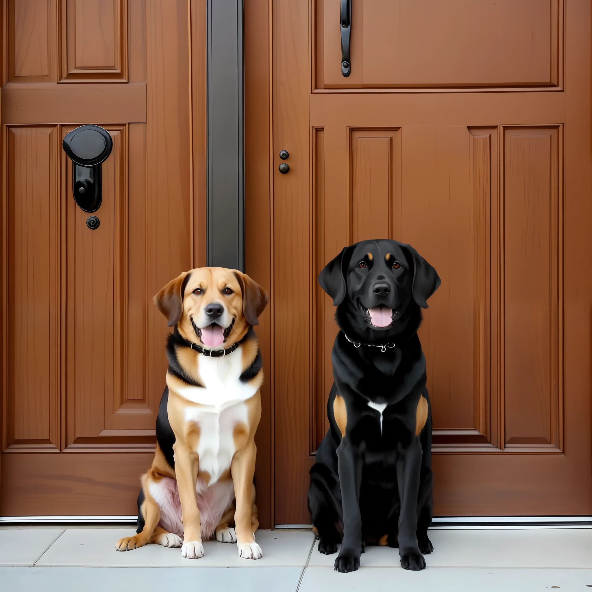 there are two dogs sitting next to each other on the front steps, two dogs, two handsome men, dogs, shutterstock, photo of a beautiful, pets, both smiling for the camera, in front of the house, looking this way, istock, two buddies sitting in a room, doors, vacation photo, door, pet animal, animal, male and female