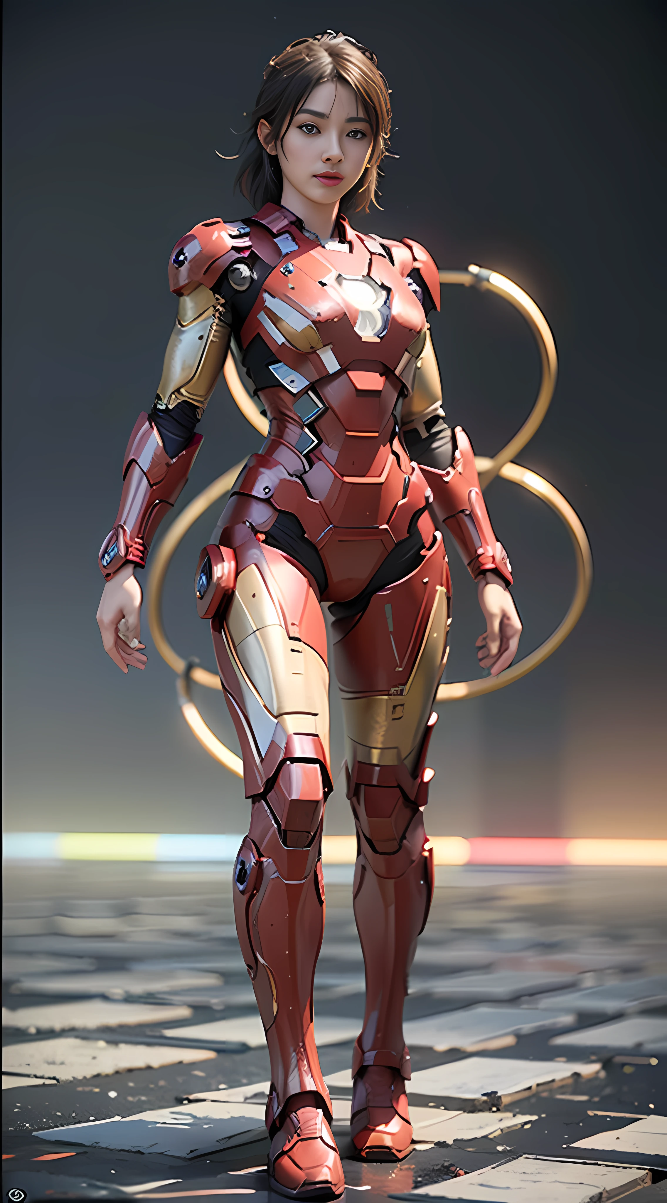 (Best Quality), ((Masterpiece), (Detail: 1.4), 3D, Full Body Photo, A Beautiful Iron Man Female Figure, HDR (High Dynamic Range), Ray Tracing, NVIDIA RTX, Super-Resolution, Unreal 5, Subsurface Scattering, PBR Textures, Post-Processing, Anisotropic Filtering, Depth of Field, Maximum Sharpness and Clarity, Multi-layer Textures, Albedo and Highlight Maps, Surface Shading, Accurate simulation of light-material interactions, perfect proportions, Octane Render, two-color light, large aperture, low ISO, white balance, rule of thirds, 8K RAW,