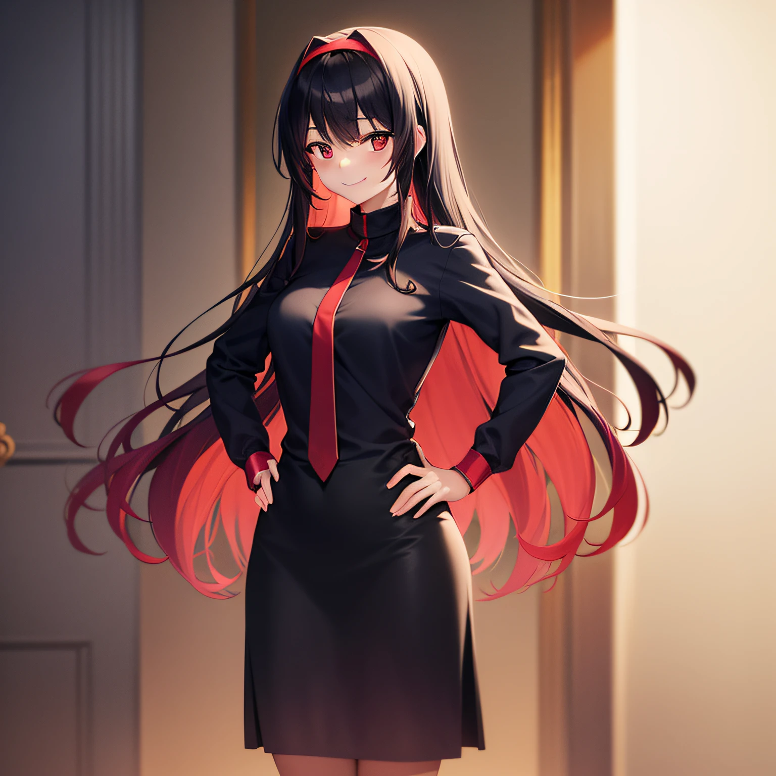 best image quality, very delicate and beautiful, big, red eyes, women, (alone), (black hair), long hair, (red hair band), black clothes, black skirt, standing, hands behind hips, smile,