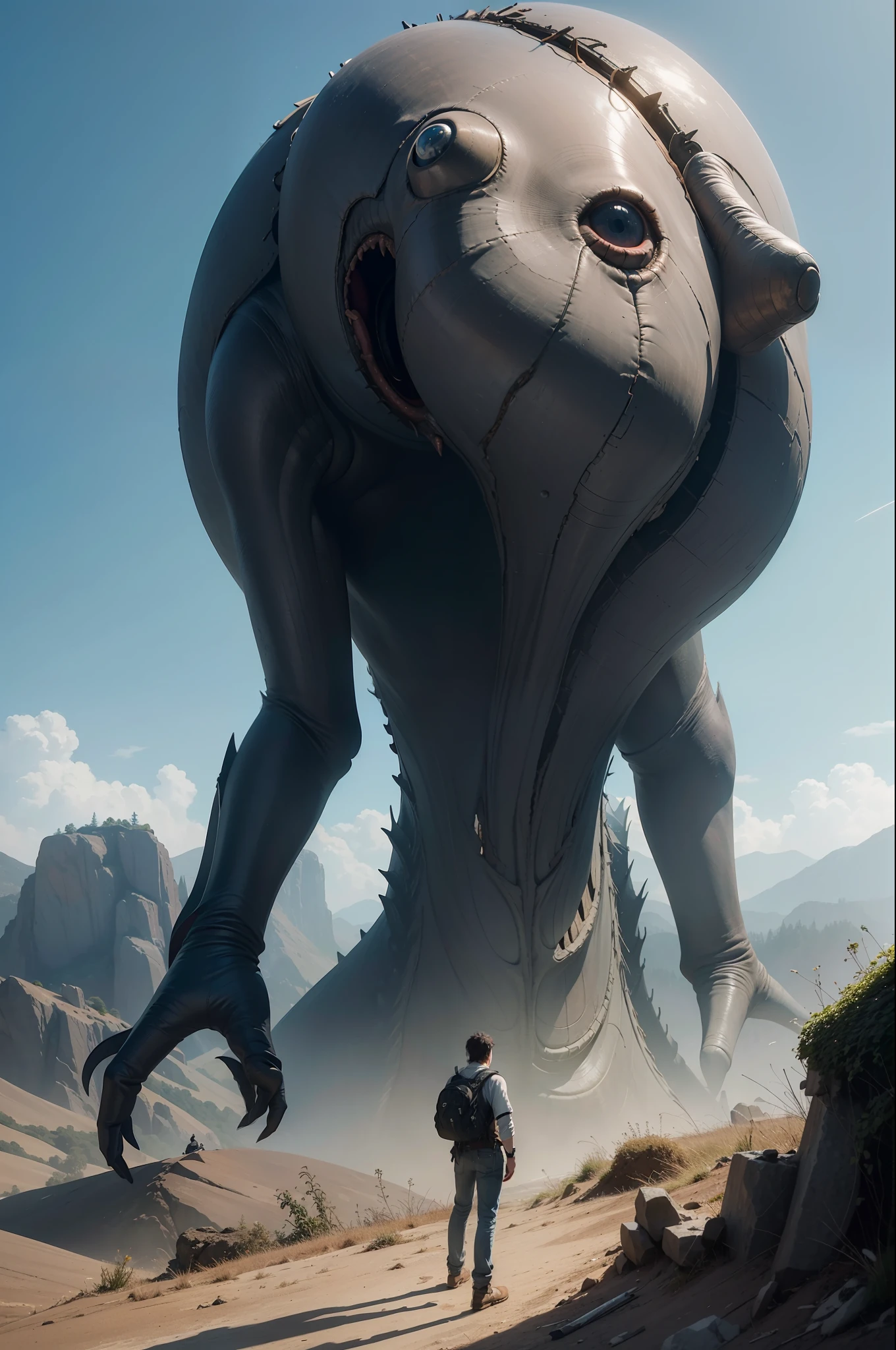 a highly detailed matte painting of a man on a hill watching a giant alien monster, by makoto shinkai, by artgerm, by wlop, by greg rutkowski, volumetric lighting, octane render, 4k resolution, trending on artstation, masterpiece