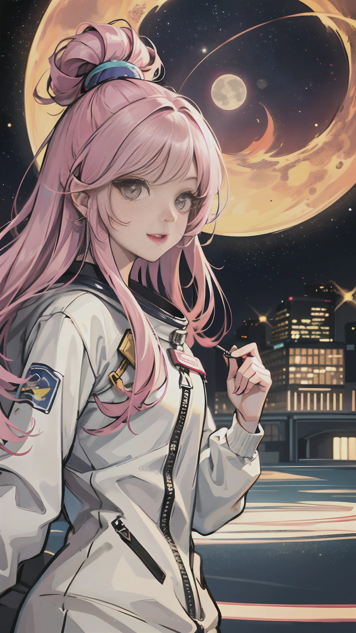 Wearing colorfully decorated spacesuit, astronaut idol full body, pink long hair, very cute face, long eyelashes, happy, perfect body, moon Harajuku city background