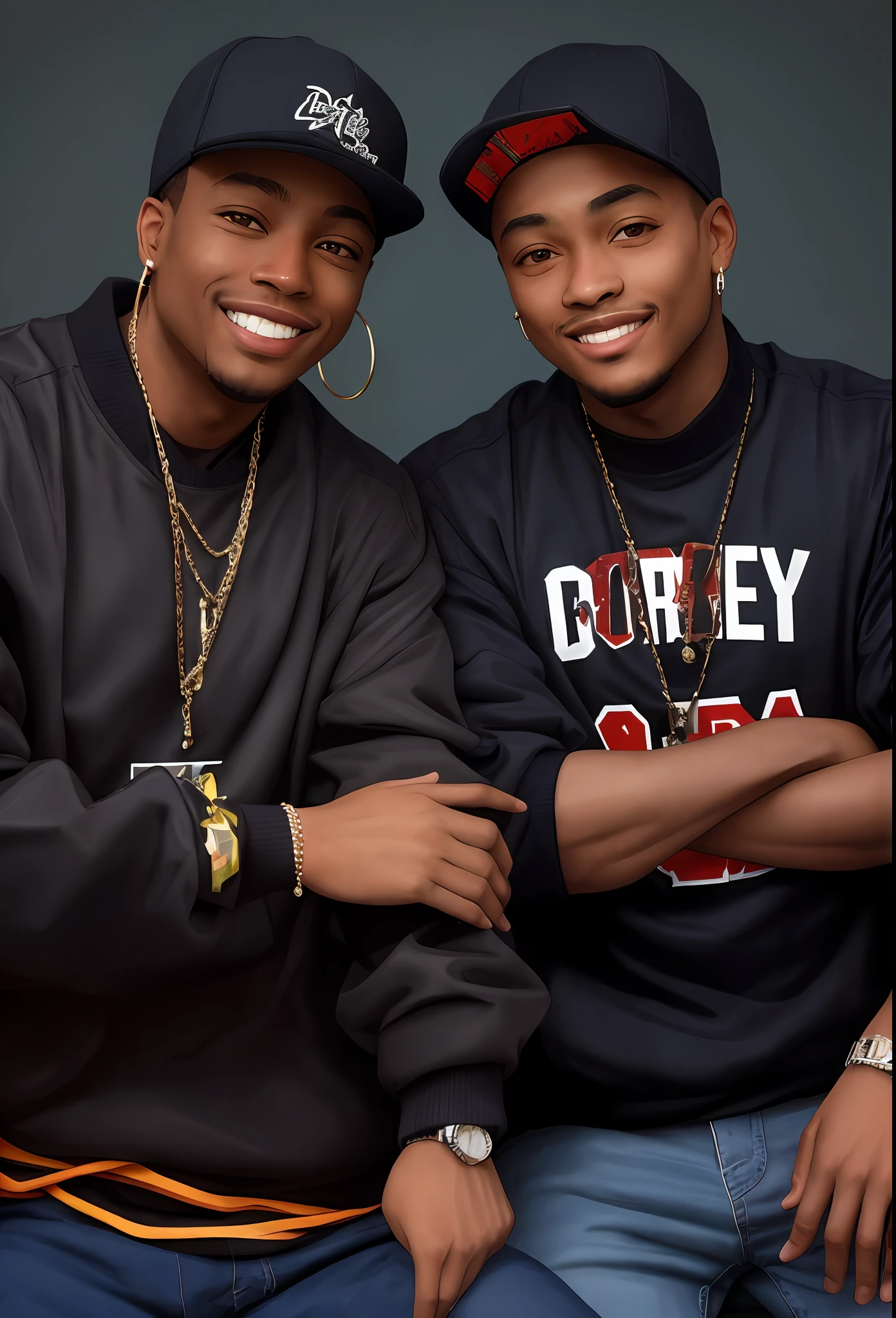 masterpiece,4K,best quality,absurdres, dark skin,smirk, grin,
edg90hh, two men sitting next to each other wearing black jackets ,wearing edg90hh_clothing