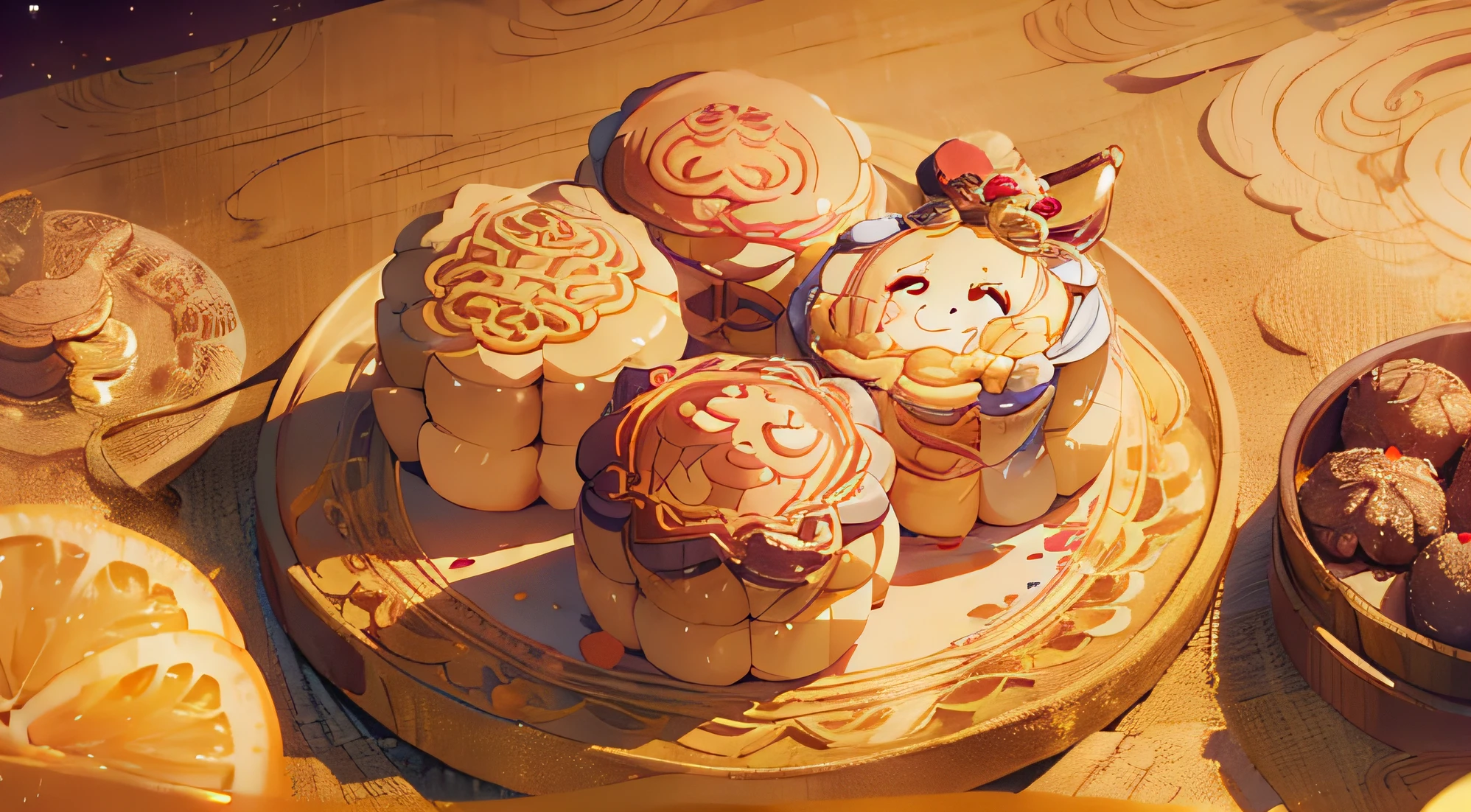 With the moon, mooncakes, Mid-Autumn Festival, and beautifully shaped mooncakes, people taste mooncakes together, the expressions of the characters, happy, cute, moon viewing, drumming, lion dance, playing with lanterns, hearty fruits, grapes, oranges, grapefruits, paint a picture