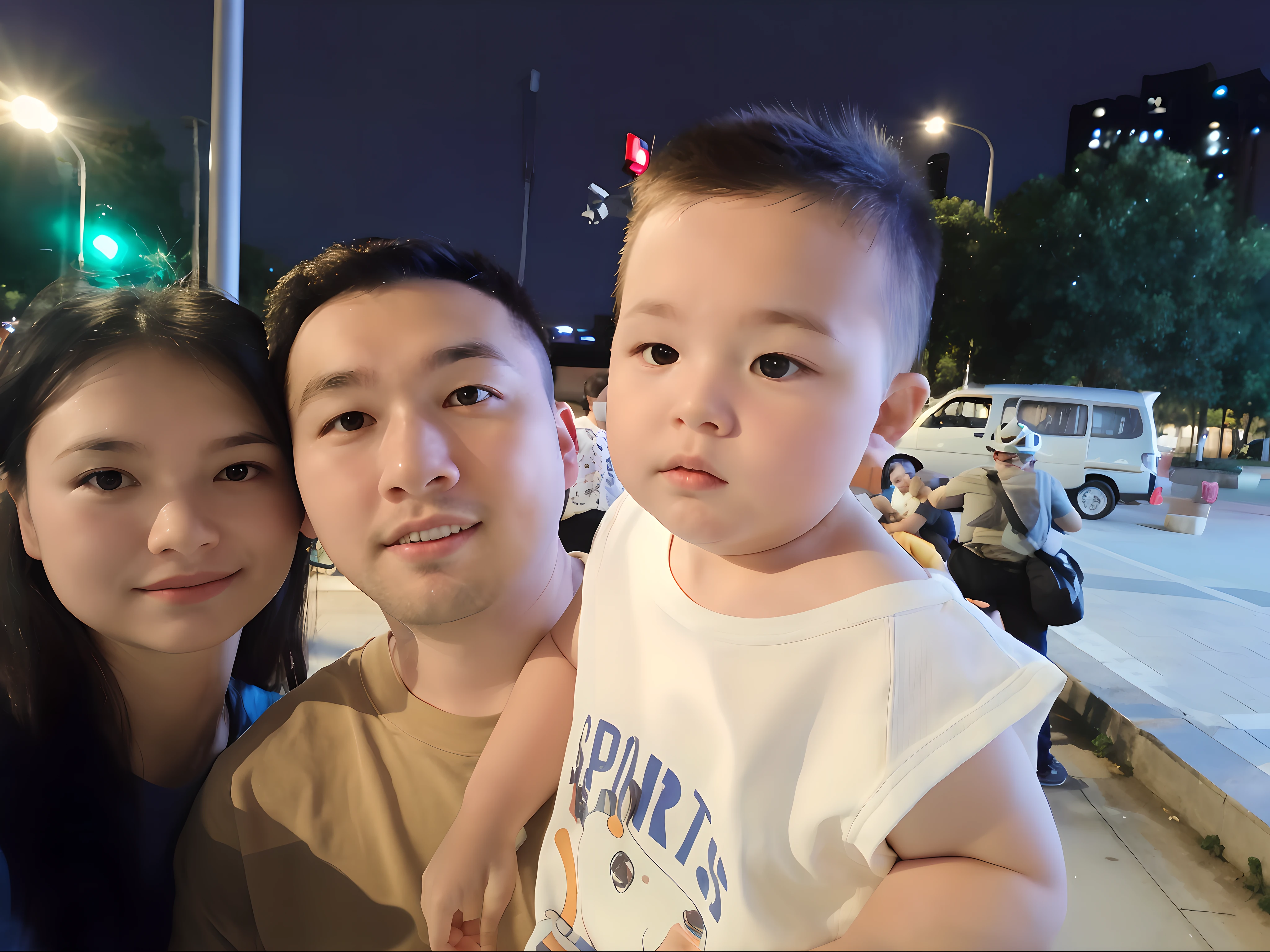 there is a man and woman holding a baby in a parking lot, with a kid, 8k selfie photograph, very very low quality picture, 3 2 years old, 2 9 years old, 2 8 years old, caring fatherly wide forehead, husband wife and son, 3 6 years old, 3 2 - year - old man, 2 7 years old