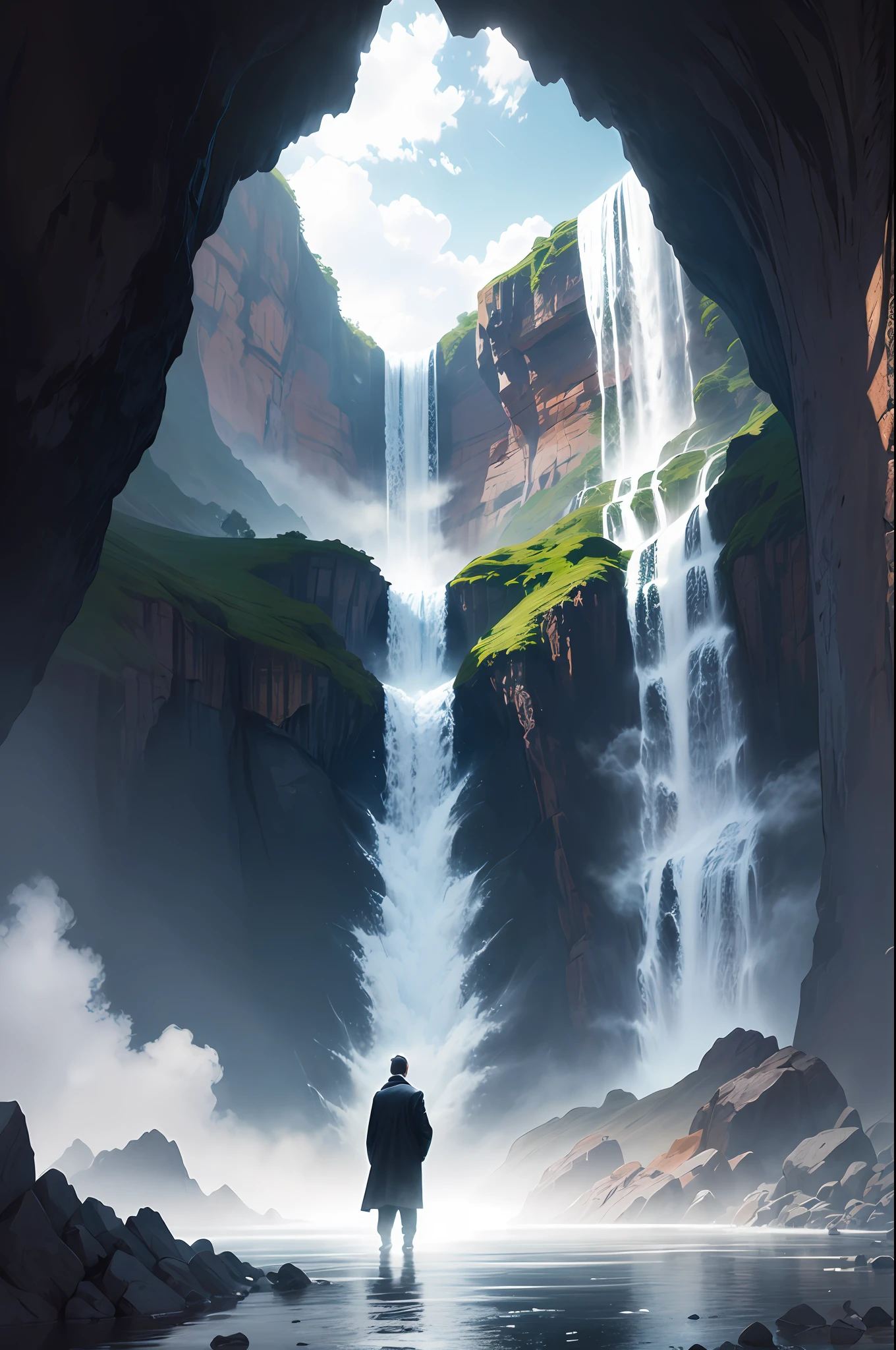 A wide waterfall flows down from the mountain, a man in black stands facing the waterfall, the colorful clouds in the sky slowly move, real images, cinematic, natural light --auto