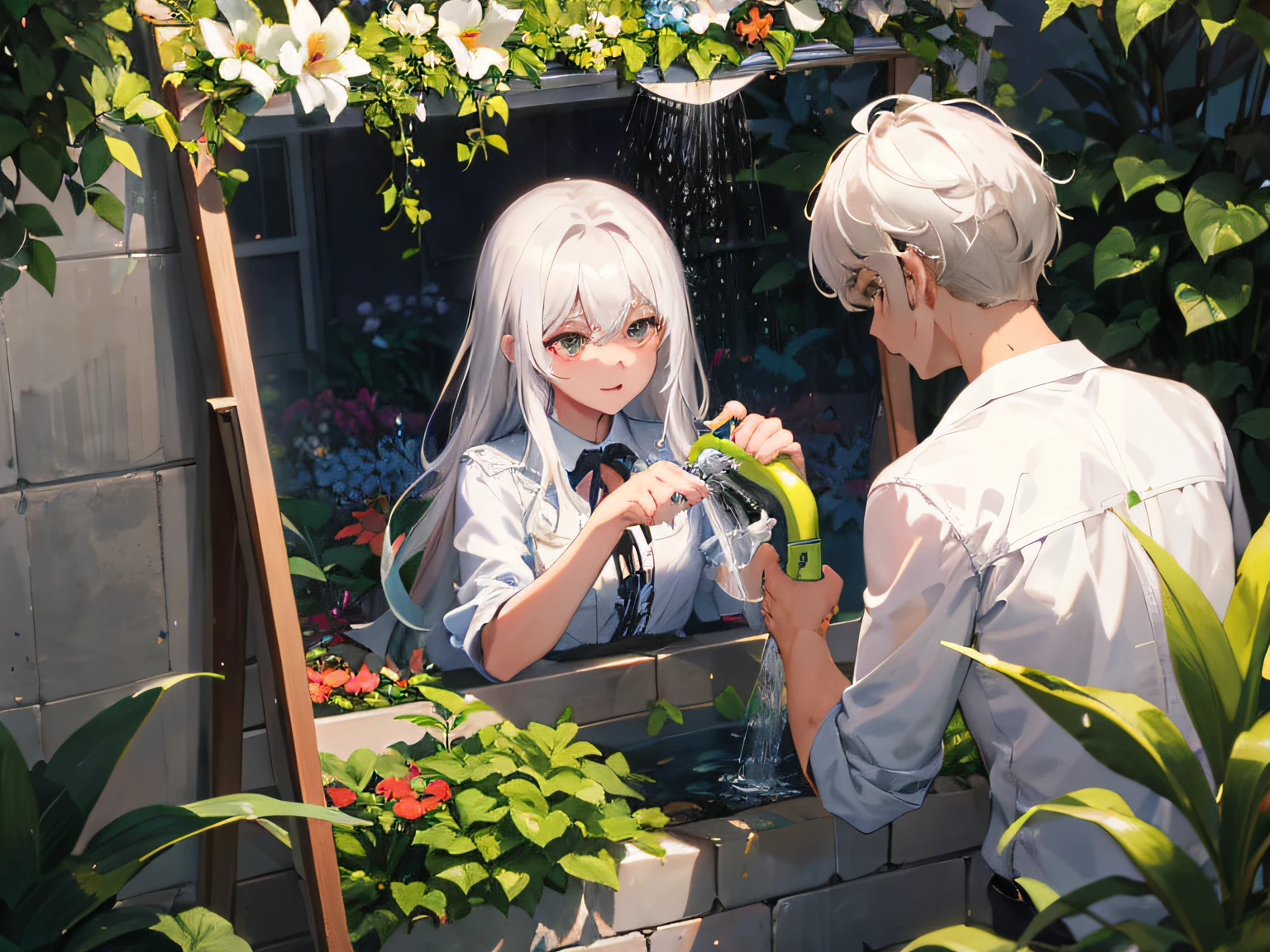 Excellent, masterpiece, white hair, golden eyes, hair, fair skin, men face with sharp angles in the garden park male bust mirror hand with shower watering watering watering flowers