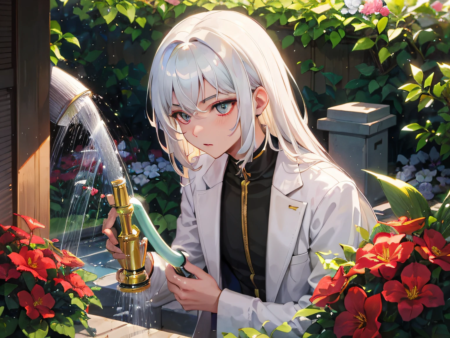 Excellent, masterpiece, white hair, golden eyes, hair, fair skin, men face with sharp angles in the garden park male bust mirror hand with shower watering watering watering flowers