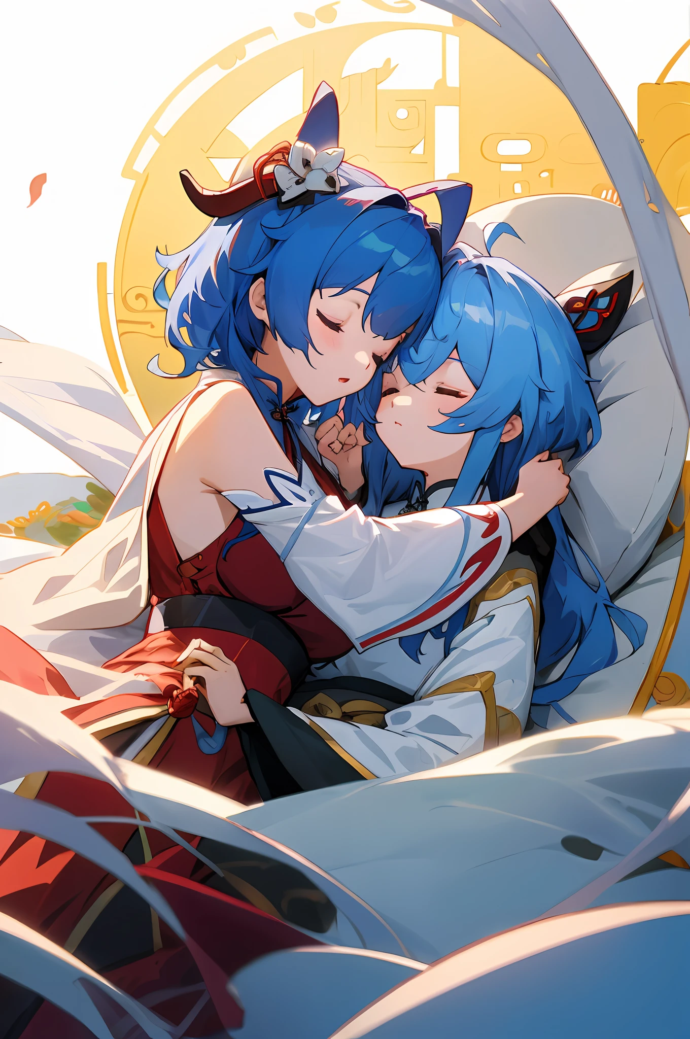 anime image of two women dressed in traditional china clothing in winter, Cheongsam, palace a girl in hanfu, wlop and sakimichan, medium hair, spoiled, blue haired deity, characters from azur lane, anime fantasy illustration, from the azur lane videogame, genshin, artwork in the style of guweiz, cultivator detailed art, two beautiful anime girls, mother and child, symbol of maternal love, mother and child, such as photos of mother and child, lying, sleeping,