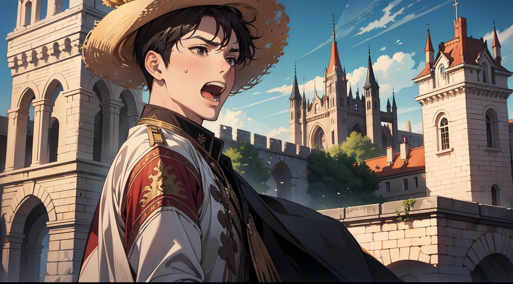 A little chubby, male, black head with short hair, pain, open mouth, palace, castle, Western-style town, square, crowd, whole body