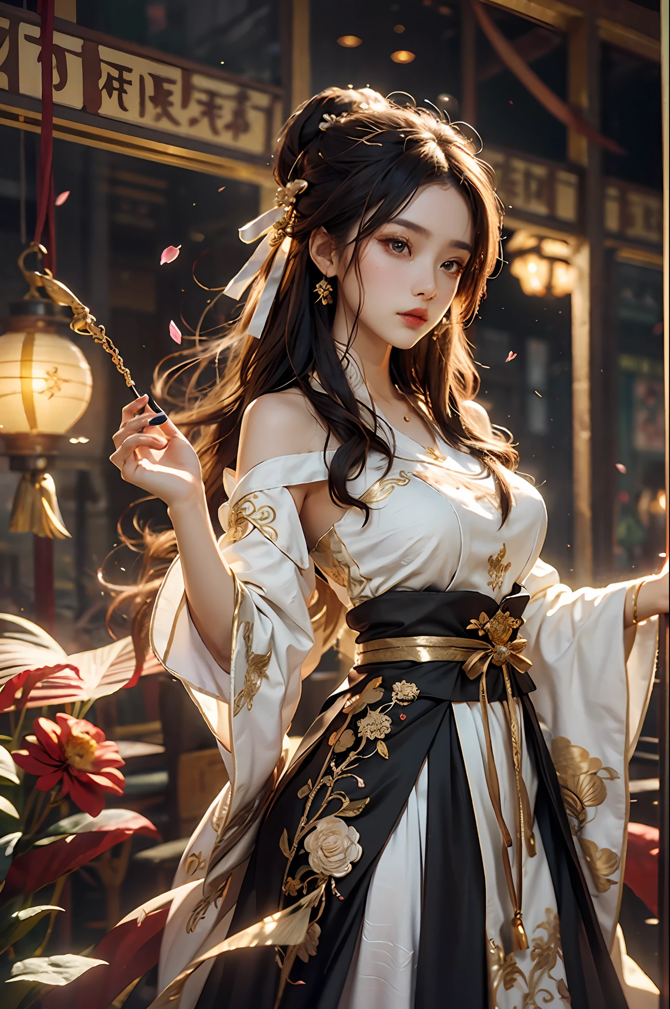 Superb Quality, Masterpiece, High Resolution, (Exquisite Body: 1.5), Beauty, Bare Shoulders, Extra Large Breasts (2.5) Wide Buttocks, Thin Waist, Stunning Beauty, (Milky Skin: 1.3), Exquisite Details, High Resolution, Wallpaper, 1 Woman, Solo, Dress, Hair Accessories, (((Golden Black Dress)) ), Flower, Long Hair, Brown Hair, Shut Up, Accessories, Long Sleeves, Raised Hands, Wide Sleeves, Big Eyes, Flowing Hair, Hanfu, Hanfu, Embroidery, Long Dress, Natural Pose, Falling Petals, Indoor, Fanning, Lantern, 16K, HDR, High resolution, depth of field, (film grain: 1.1), Bocon, prime time, (lens flare), vignetting, rainbow, (color grading: 1.5)