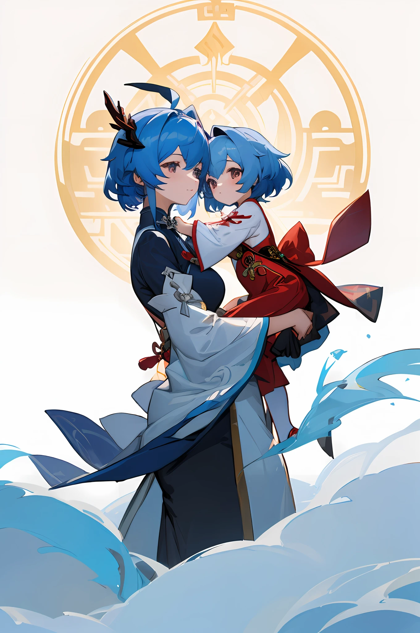 anime image of two women dressed in traditional china clothing in winter, Cheongsam, palace a girl in hanfu, wlop and sakimichan, medium hair, spoiled, blue haired deity, characters from azur lane, anime fantasy illustration, from the azur lane videogame, genshin, artwork in the style of guweiz, cultivator detailed art, two beautiful anime girls, mother and child, symbol of maternal love, mother and child, such as photos of mother and child, playing with block toys