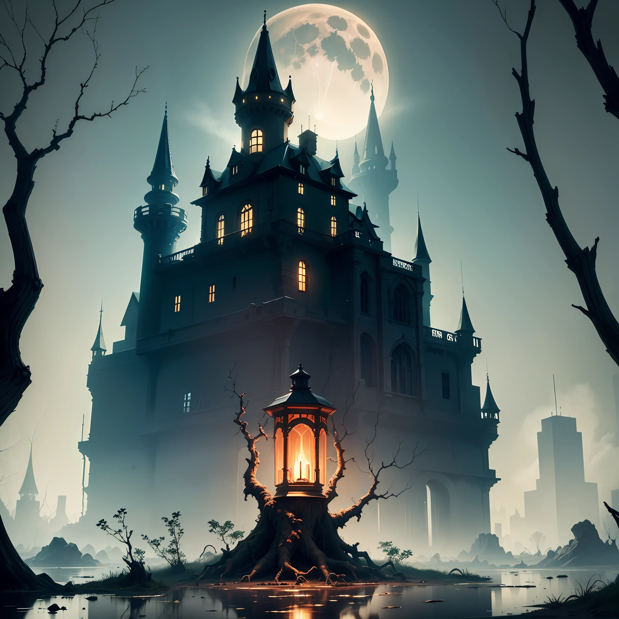 Castles, swamps, withered giant branches, blood-colored moons, dim environments, bottom-up, oil lamps emitting faint lights