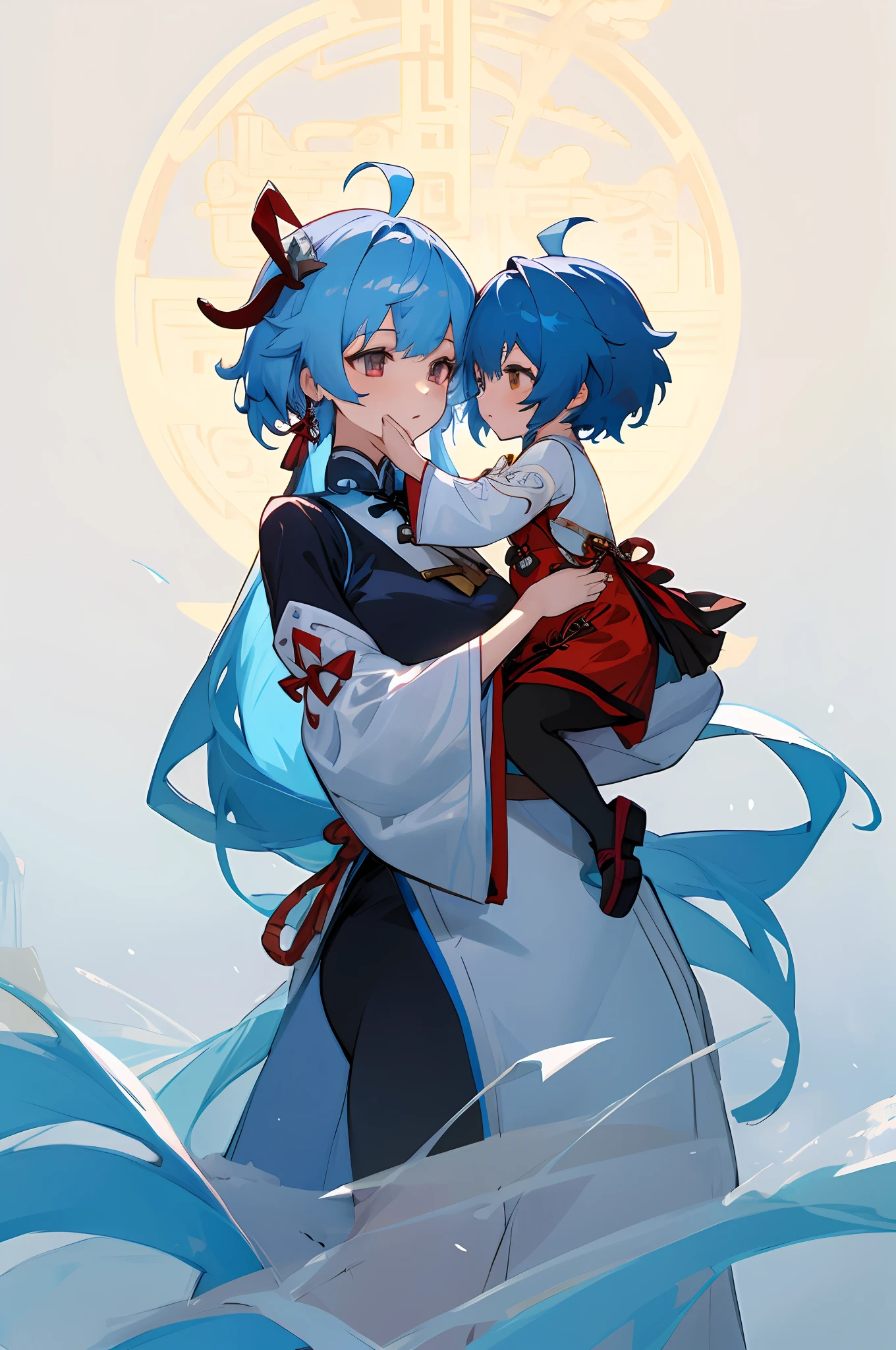 anime image of two women dressed in traditional china clothing in winter, Cheongsam, palace a girl in hanfu, wlop and sakimichan, medium hair, spoiled, blue haired deity, characters from azur lane, anime fantasy illustration, from the azur lane videogame, genshin, artwork in the style of guweiz, cultivator detailed art, two beautiful anime girls, mother and child, symbol of maternal love, mother and child, such as photos of mother and child, playing with block toys