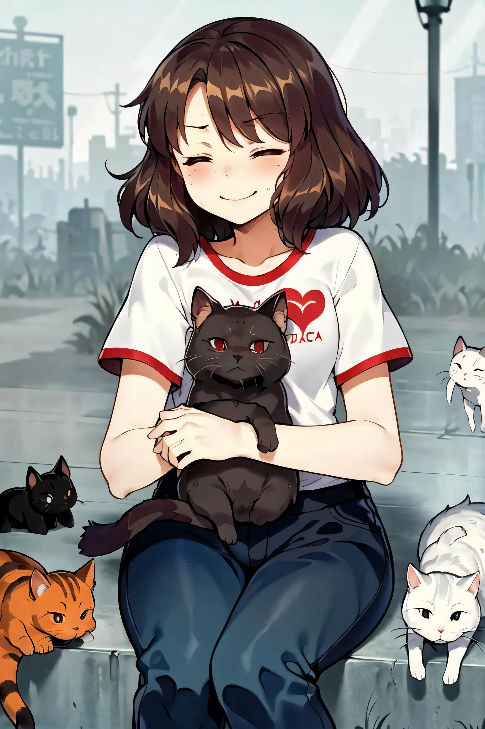 kaho, momodora, freckles, 1girl, solo, t-shirt, pants, holding cat, surrounded by cats, closed eyes, sweatdrop, smile, sitting, masterpiece, best quality,