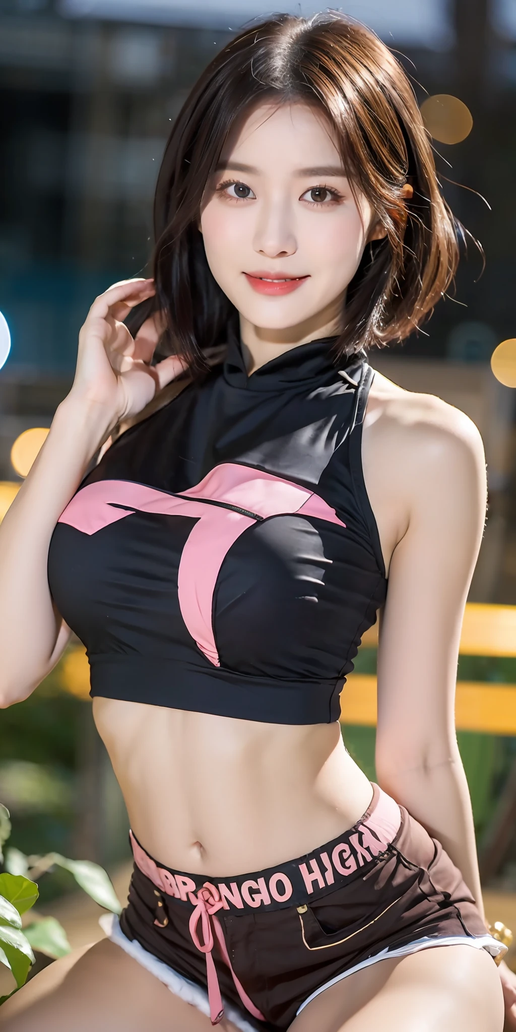 8K resolution, super high resolution, best picture quality, master works, HD phase, beautiful girl, moist lips, peerless beauty, messy black straight hair, shoulder-length short hair, fluffy hair, rich and beautiful makeup, exquisite and perfect facial features, sapphire pupils, rosy face, melon seed face, sweet smile, super slim body, big breasts, night seaside, beach, (wearing pink high-waist crop top tight T-shirt), wearing shorts, macro shooting, mobile phone camera, night mode,