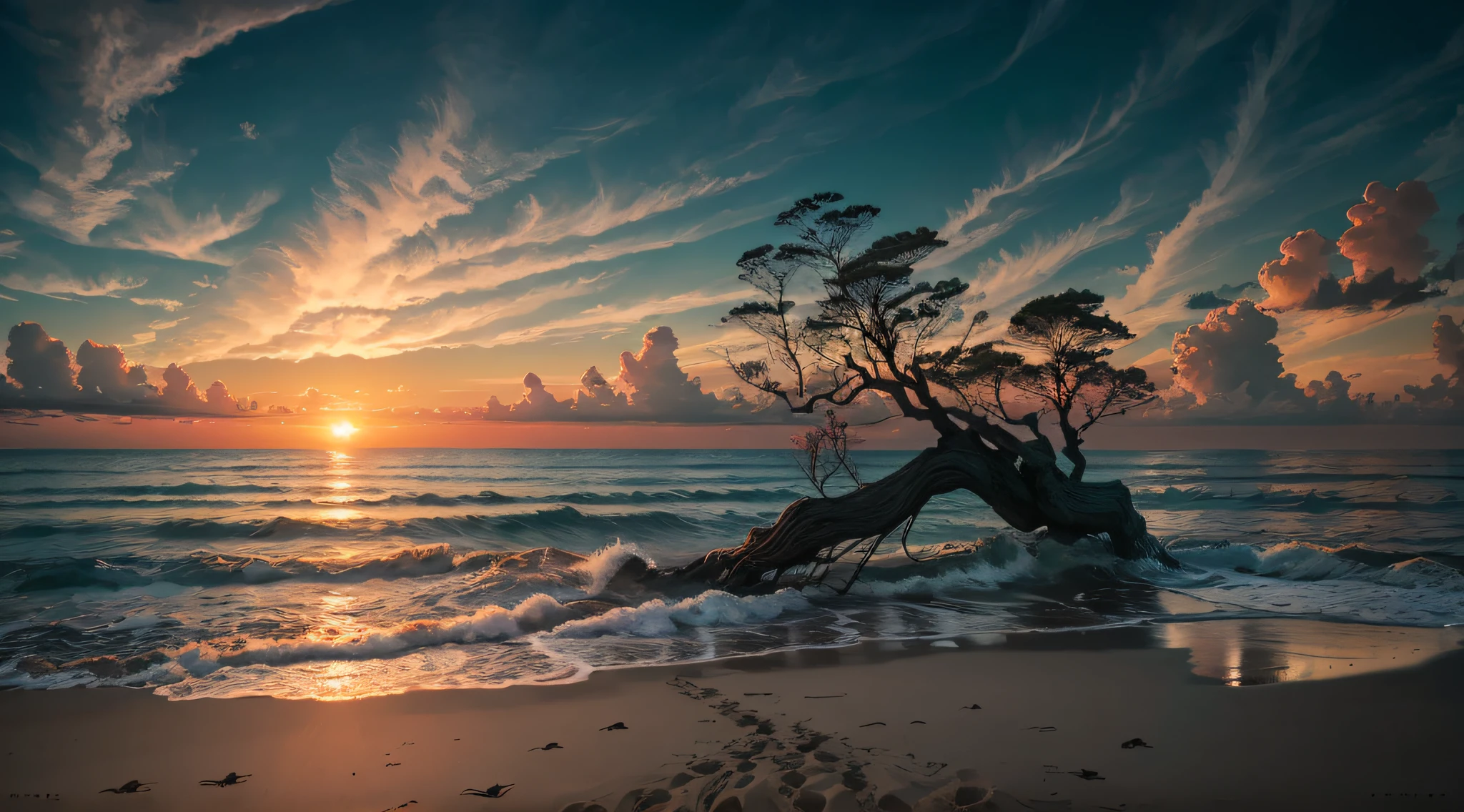 Sunset on the beach, There are strangely shaped tree roots, (crooked roots) sunset on the beach, Sunset on the beach, Beach at sunset, at sunrise, Sunrise, On the beach at sunset, End of the day, Sunset glow, Show the beach at sunset, Beach at sunset, beach sunset background, Sundown, On the beach at sunset, Surrealism, high detail, cinematic lighting, Fujicolor, Hasselblad, Fujifilm, Sony FE GM, UHD, retina, masterpiece, ccurate, anatomically correct, super detail, high details, high quality, highres, best quality, award winning, 8k --auto