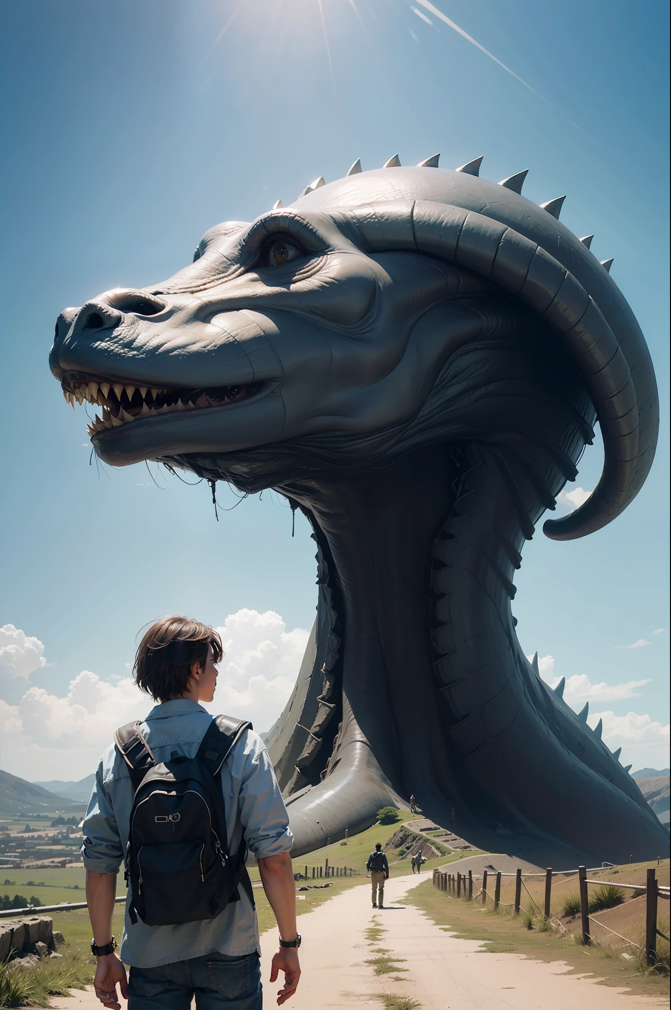 a highly detailed matte painting of a man on a hill watching a giant alien monster, by makoto shinkai, by artgerm, by wlop, by greg rutkowski, volumetric lighting, octane render, 4k resolution, trending on artstation, masterpiece