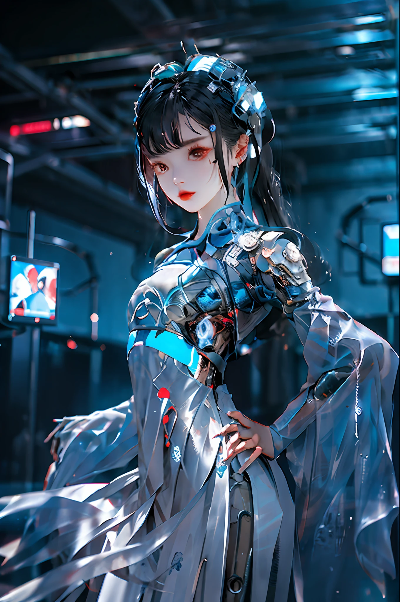(Cyberhanfu, Hanfu, Tang style, futuristic, high-tech city, girl, dynamic pose, hair accessories, long hair, cyberpunk city, headwear, futuristic elements)