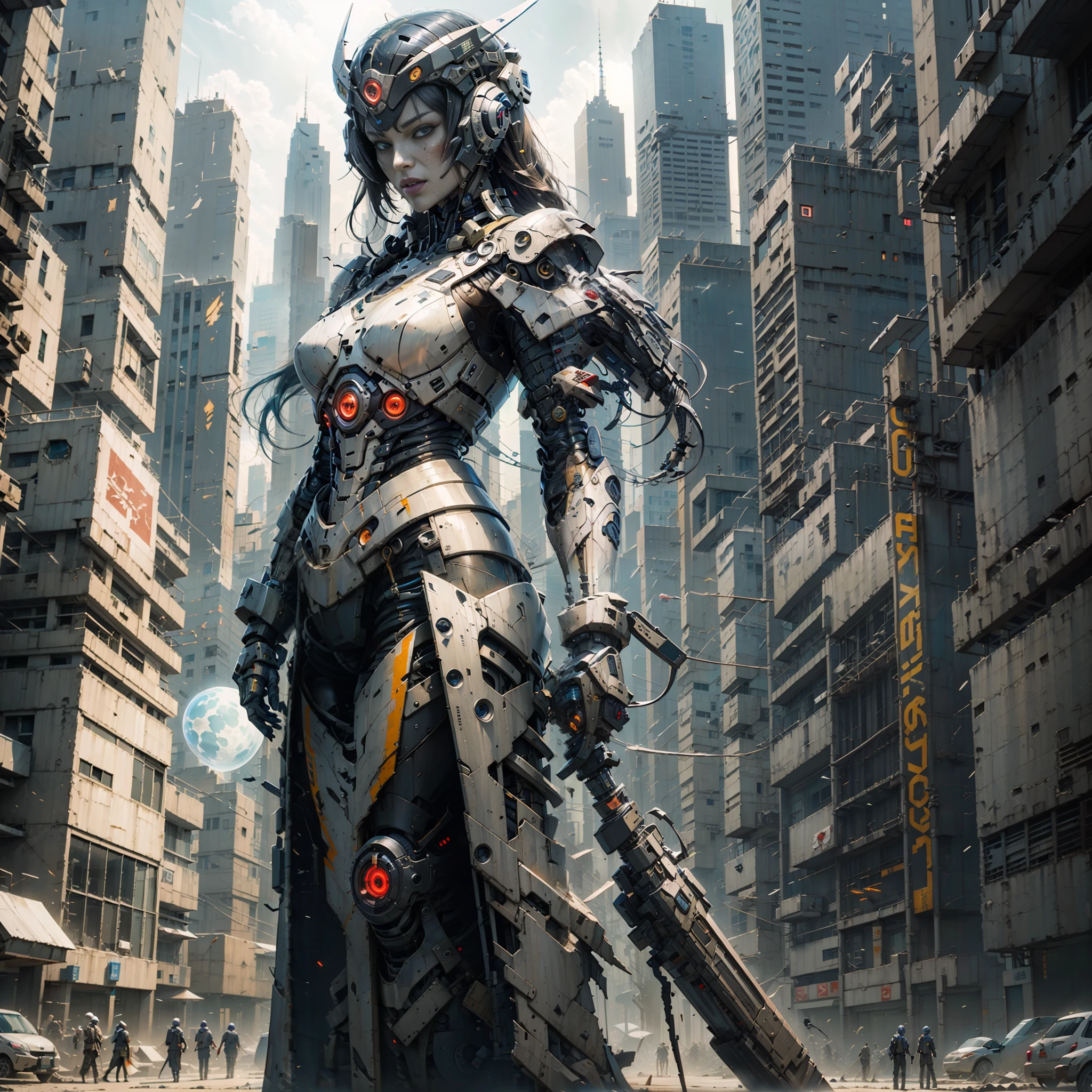 An old Chinese girl, full body, amazing facial features, sharp eyes, cyberpunk, holographic aura, surreal sci-fi art, futuristic sci-fi aesthetics, hanfu (tattered, torn, burnt), mecha, complex design, game model, movie edge light, exquisite light, masterpiece, ultra-detailed, epic composition, ultra hd, high quality, highest quality, 32k --niji 5