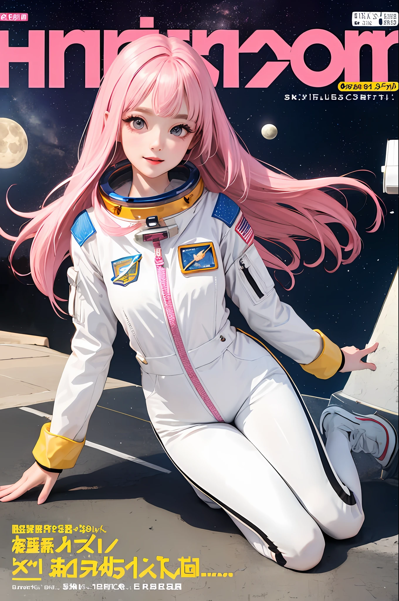 Masterpiece, top quality, wearing colorfully decorated spacesuit, full body of astronaut idol, pink long hair, very cute face, long eyelashes, happy, perfect body, background in the city of Harajuku on the moon, magazine cover