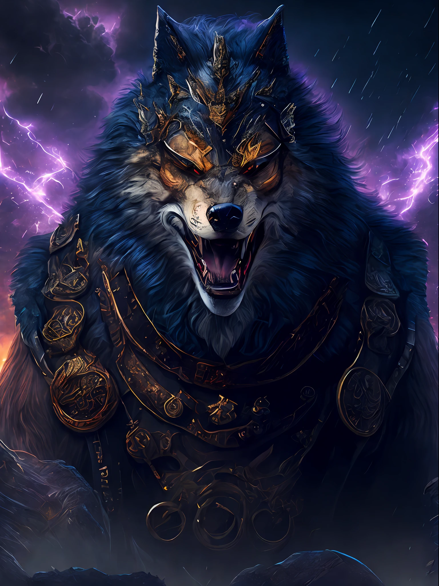 Angry Wolf King, Close-up, Steampunk Anthropomorphism, Black Death Mask, Artstation Illustrator, Intricate Detail, Face, Full Body Portrait, Dim Light, Illustration, UHD, 4K Hyperrealistic, Intense, Cold, Very Detailed, Clear Focus, Professional, 8K UHD, Cinematic, Dark, Violent, Outdoor, River, Fight, Chase, Dramatic, Vivid, Tense Atmosphere, Rendering, Epic, Twilight, HDR, Album Cover, Blizzard, Lightning, Disaster