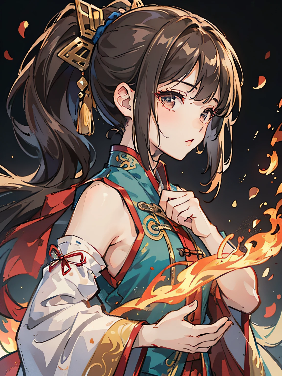(Masterpiece, best quality, very detailed CG, complex details: 1.2),simple_background,fire,1girl,solo,looking at viewer, chinese clothes,hanfu,long hair,detached_sleeves,wide_sleeves,ponytail,hair ornament, skirt,sword,standing,(from side:1.4), hanfu tang,loong,. --auto --s2