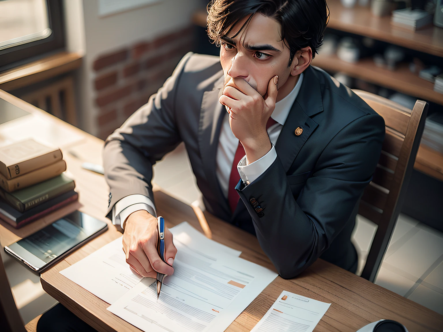 A business person sits at a table, holding his head in his hands, looking anxious