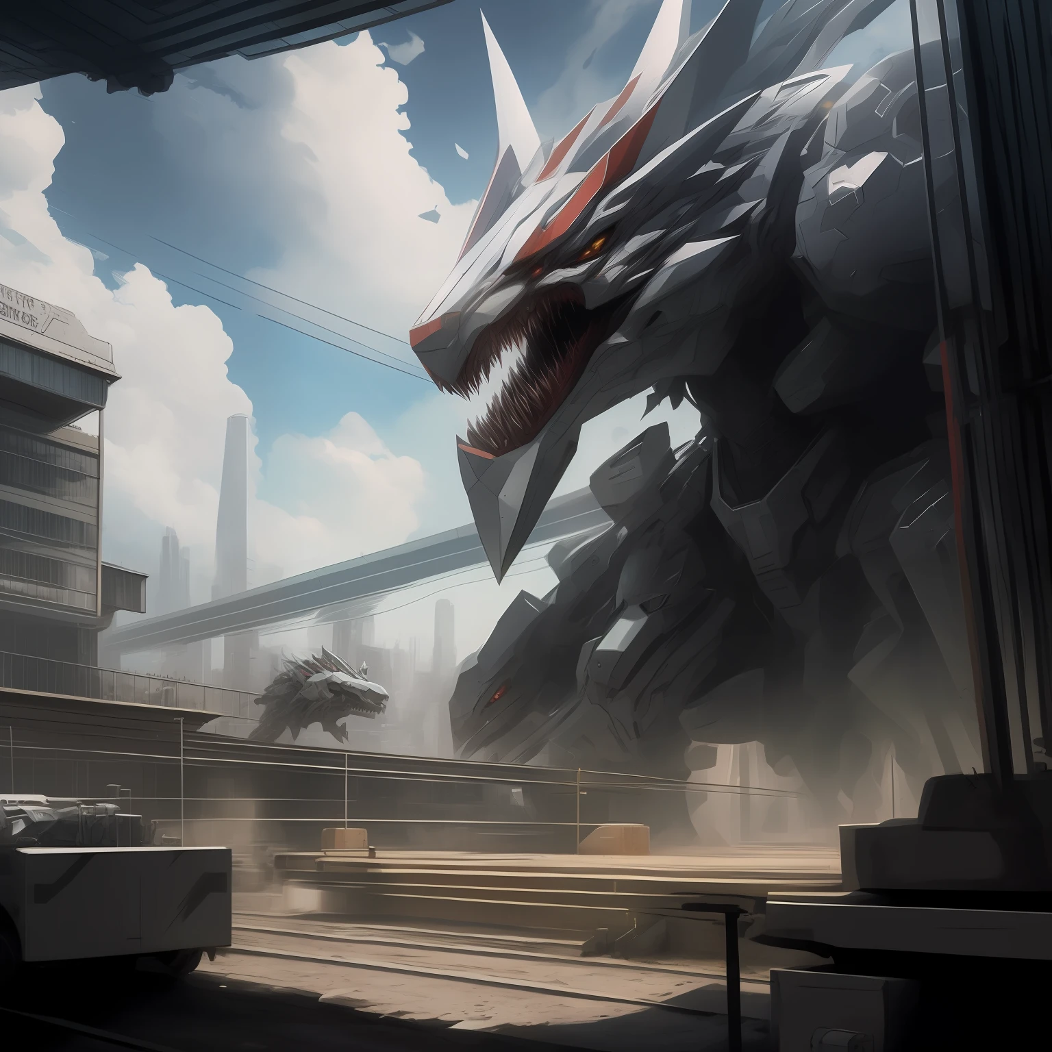 anime - style artwork of a giant dragon flying over a train station, giant anime mecha, anime concept hdr anime macmanus, concept art wallpaper 4k, mecha art, mecha asthetic, an anime large mecha robot, by Jeremy Chong, krenz cushart and wenjun lin, 2. 5 d cgi anime fantasy artwork