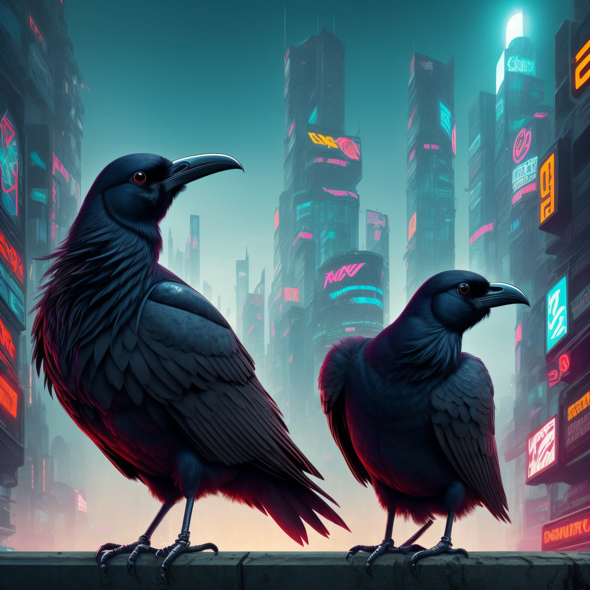 "A cybernetically enhanced deceased raven with black feathers, set in a retro-futuristic cyberpunk city backdrop. Emphasize rounded composition.+"