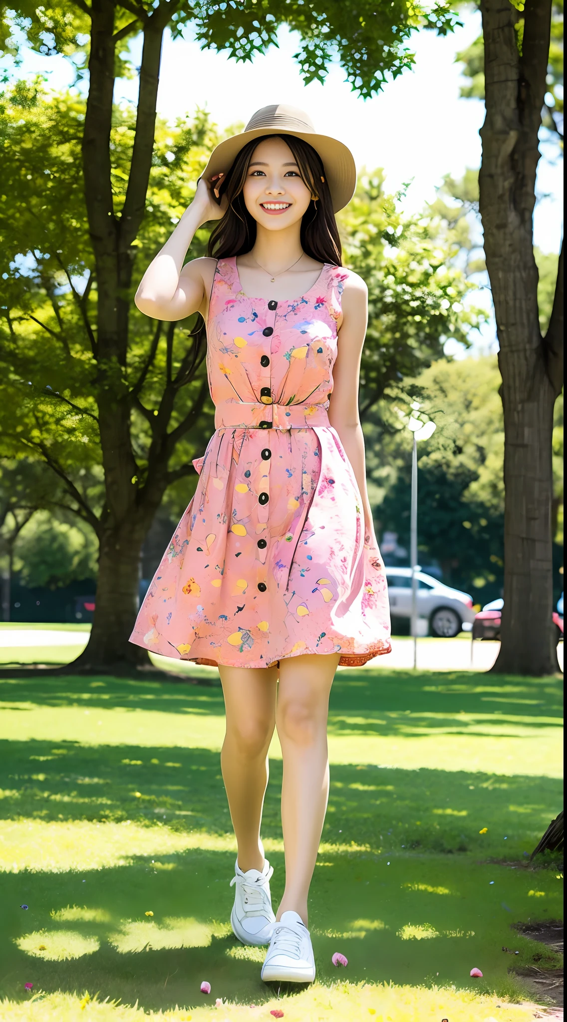 On a sunny summer afternoon, a 22-year-old Asian girl is taking photos in a blooming park. Her name is Eva, she has fair skin, bright eyes and a bright smile. She wears colorful dopamine outfits I designed, inspired by the summer sun and flowers. First, Eva wore a brightly colored dress. The dress has a simple and modern design, with a V-shaped neckline that highlights Eva's youthful energy while highlighting her elegance. The bright colors of the skirt illuminate the entire park like the summer sun. The hem of the skirt is designed in the shape of petals, swaying gently with Eva's footsteps, as if a flower in the park is dancing. There is a row of small white buttons in front of the skirt, each one carefully designed to resemble a small flower, adding richness to the details. The color of the buttons contrasts strongly with the colorful dress, like a small white flower in the park. Eva wears a pair of bright blue canvas shoes on her feet. The color of the shoes contrasts strongly with the colorful dress, like clouds under a blue sky. The shoes are designed to be comfortable, allowing Eva to move and jump freely. Eva wears a pink bucket hat on her head. The color of this hat is warm, like a summer sunset. The hat is decorated with small flowers that add richness to the details. Eva carried an orange schoolbag on her shoulder. The design of this bag is simple and stylish, with an orange design that echoes the overall color theme. The bag is just the size of Eva's daily necessities, which is very practical. As Eva walks through the park, the colors on her body seem to dance, full of energy and energy. Her smile and confident pace make people feel hopeful and happy