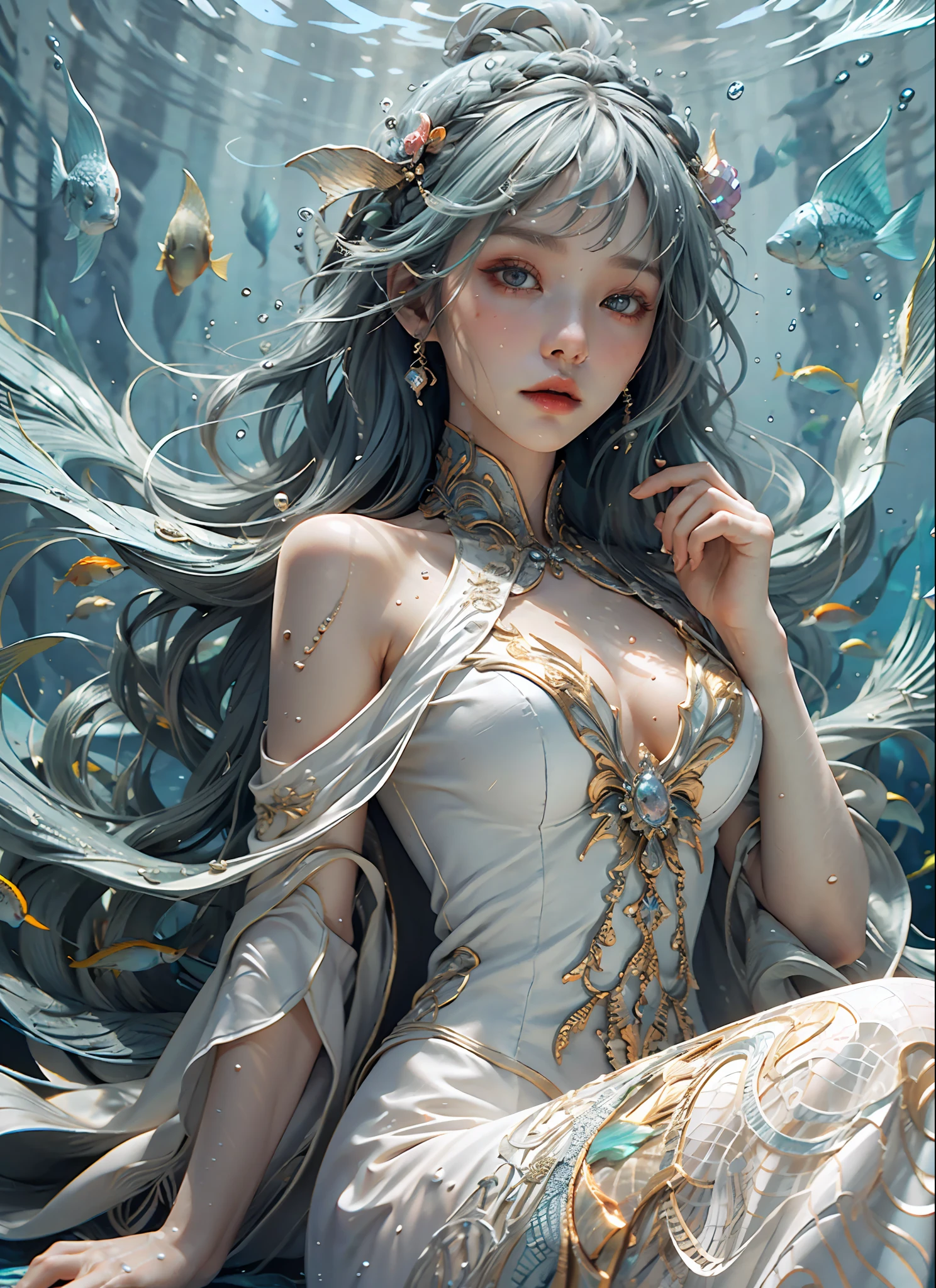 girl, 18 years old, small breast, wearing white dress, Flowing robes, detailed dress ornament, flowing hair, glowing hair, hair ornament, light on face, intricate magical circles, glowing runes, shimmering aura, intense focus, arcane incantations, crackling energy, levitating artifacts, ethereal staff, swirling mist, sparkling motes, mystical crystals, glowing sigils, intricate hand movements, otherworldly chanting, mysterious symbols, powerful invocation, transcendent awareness, phoenix dress, (underwater:1.8), (white dress, Iridescent rainbow hair:1.55), (((water bubbles, colorful fish, beautiful coral life))), (detailed fabric, detailed ornament:1.4), fantasy, Haircut model by Side braid, possed is Lying down pose, sharp green, shooting angle is Rim lighting shot, time is Rim Light, BREAK hyper realistic, intricate design, insanely detailed, extremely fine details, Extremely sharp lines, cinematic lighting, Photo realistic, a detailed painting by Esao Andrews and Anton Fadeev, Raw photo, high detailed, 8k, UHD, dslr, softlighting, HDR, warm light, high quality, film grain, fujifilm XT3, photorealistic, masterpiece, best quality, hyper-detailed, 8K, warm lighting, soft lighting, masterpiece, best quality, detailed, highest quality, ultra detailed, highres, cinematic light, splendid and colorful, out of focus, RAW photograph, art portrait, absurdres, high contrast, colorful, highest details,
