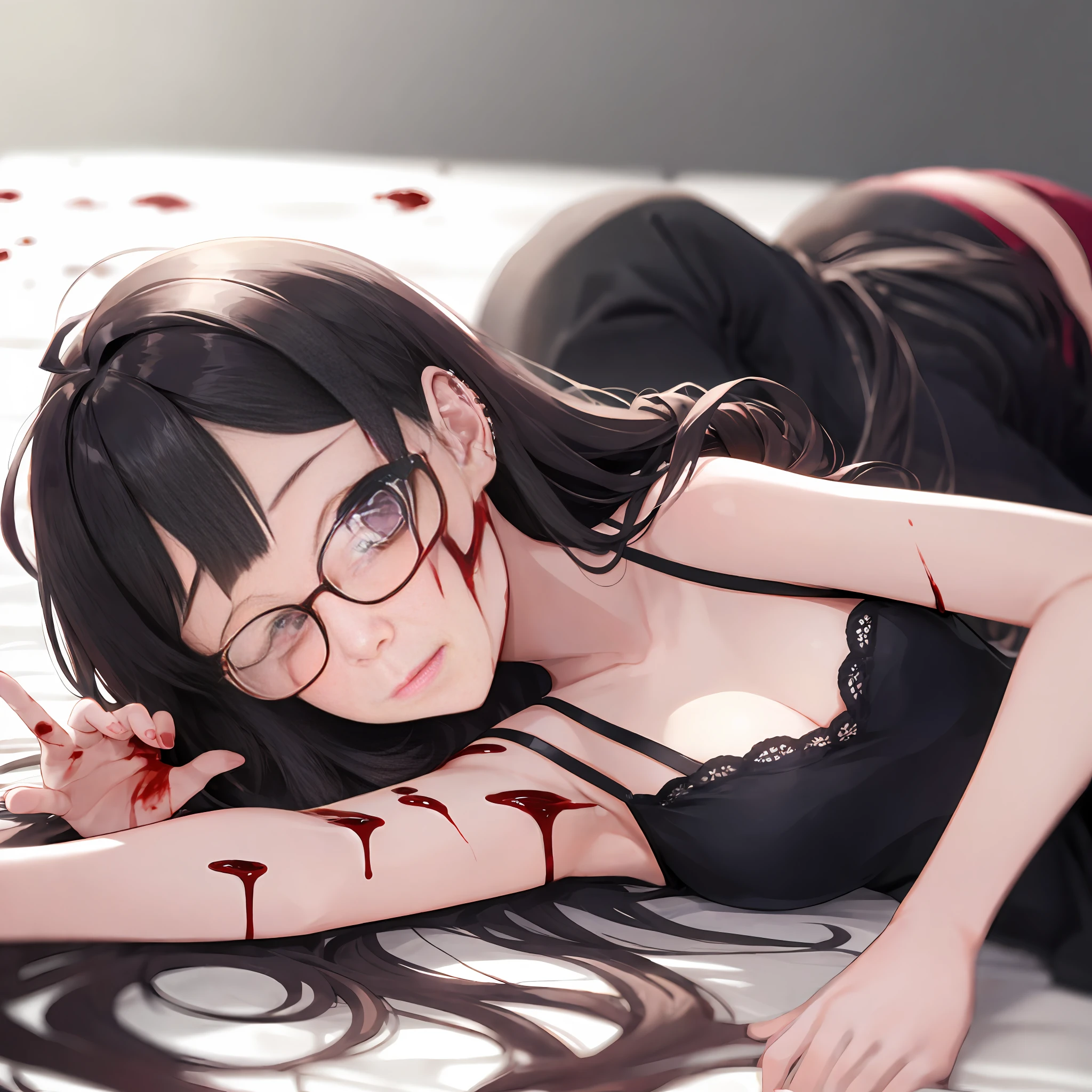 1 girl, ahoge, bangs, black-framed glasses, black dress, blur, blurred background, depth of field, glasses, looking at the audience, parted lips, piercing, purple eyes, upper body, very long hair, blood all over the body, lying flat on the ground with blood on the face, eyes closed,