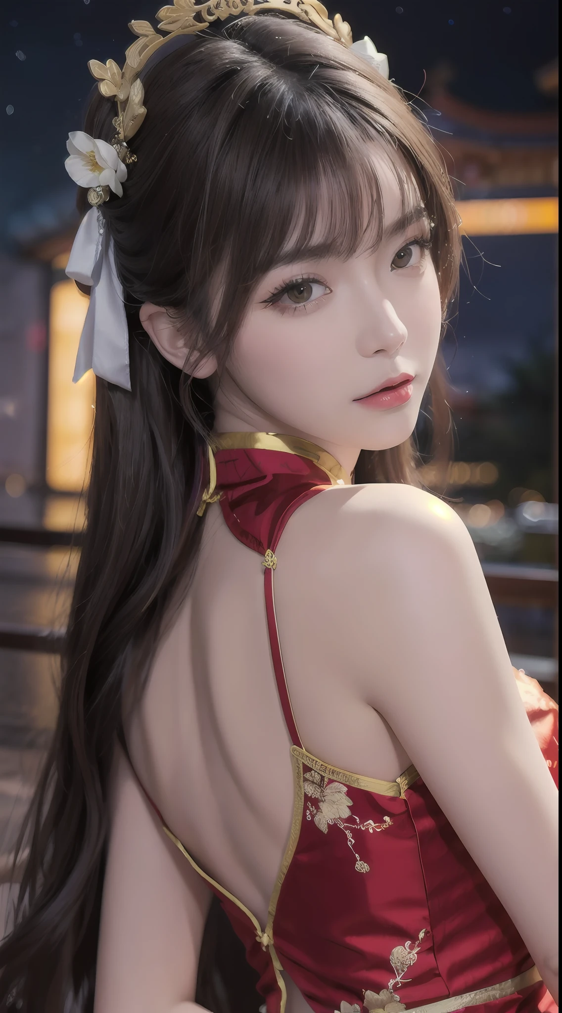 Woman wearing red and gold dress, flower background, palace, hanfu girl, wearing red cheongsam, chinese style, with ancient chinese costume, wearing ancient chinese costume, traditional beauty, Chinese Traditional, chinese girl, cheongsam, chinese costume, chinese princess, hanfu, chinese traditional clothing, chinese costume, 1 27-year-old girl, 1 zodiac goddess from the future, goddess of the pink and purple 12 zodiacs, the goddess of the zodiac in a yellow ao dai, a 12 zodiac ao dai with many black lace detail, mythology Goddess of the 12 zodiacs from the future, zodiac ♏, luxurious glittering zodiac style, dark and mysterious version, zodiac crown, lipstick lips red, thin and beautiful lips, mouth closed, characters made by karol bak and pino daeni, intricate detail, detailed background, extremely detailed, light magic, a woman, clear face, hair long with bangs, beautiful face in detail and well-proportioned eyes, (transparent yellow eyes: 1.8), big round eyes and very beautiful and detailed makeup, foresight, silk dress, mysterious makeup , double bangs and dyed light blonde , upper half portrait, zodiac goddess portrait, arms hanging loosely, Realistic and vivid photo, (stars make up the zodiac: 1.7), (sky background zodiac and fictitious space and time portal: 1.8), fiction art, RAW photo, hanfu picture, best photo, best photo quality, 8k quality, 8k ultra, super realistic, real photo most economical, the goddess poses sexy and seductive,