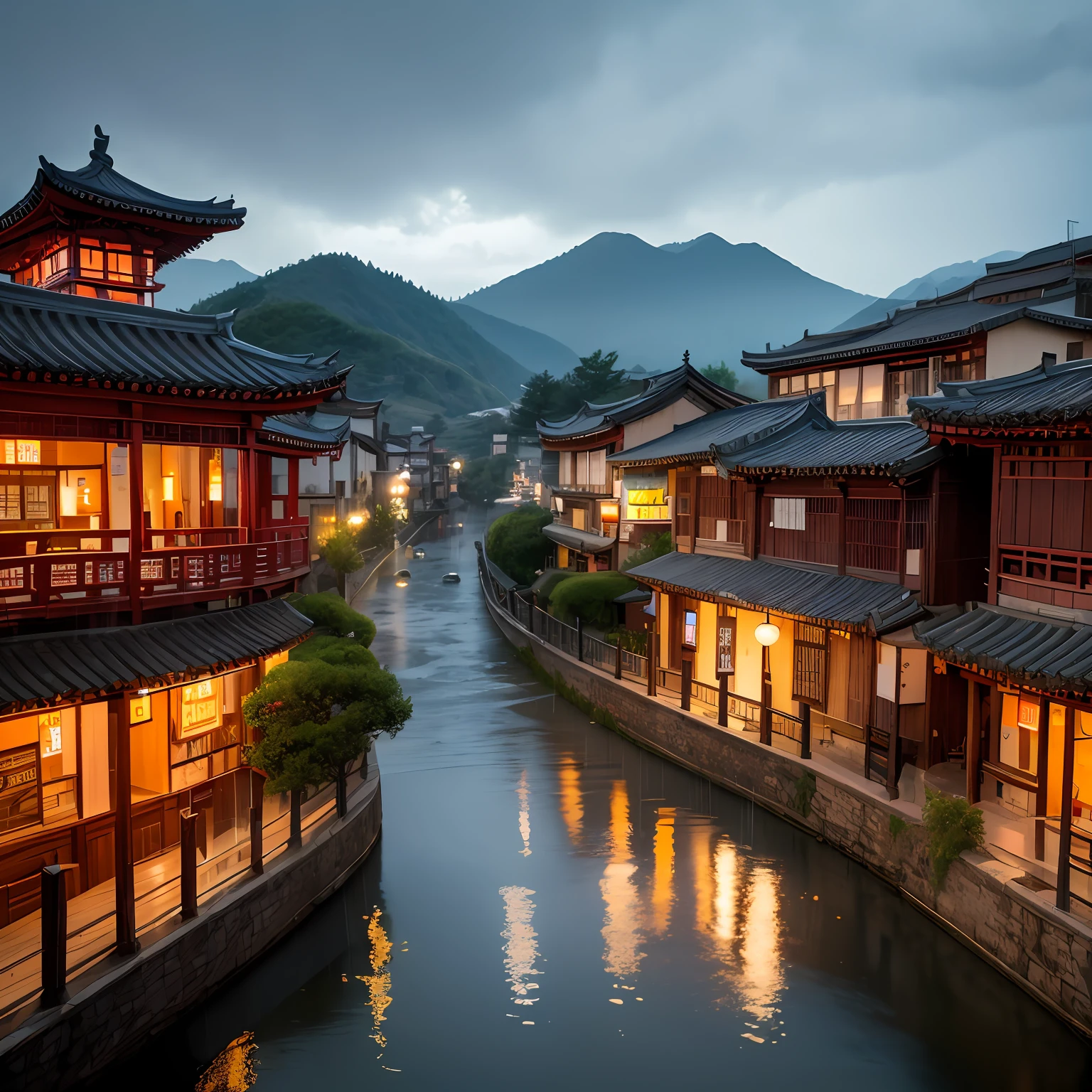 arafed view of a village with a lot of lights on the buildings, dreamy chinese town, chinese village, amazing wallpaper, japanese town, japanese village, hyper realistic photo of a town, old asian village, japanese city, by Raymond Han, rainy evening, cyberpunk chinese ancient castle, beautifully lit buildings, at evening during rain, beautiful and aesthetic, photography, cinematic, 8k, high detailed ((Heavy rain))) --auto