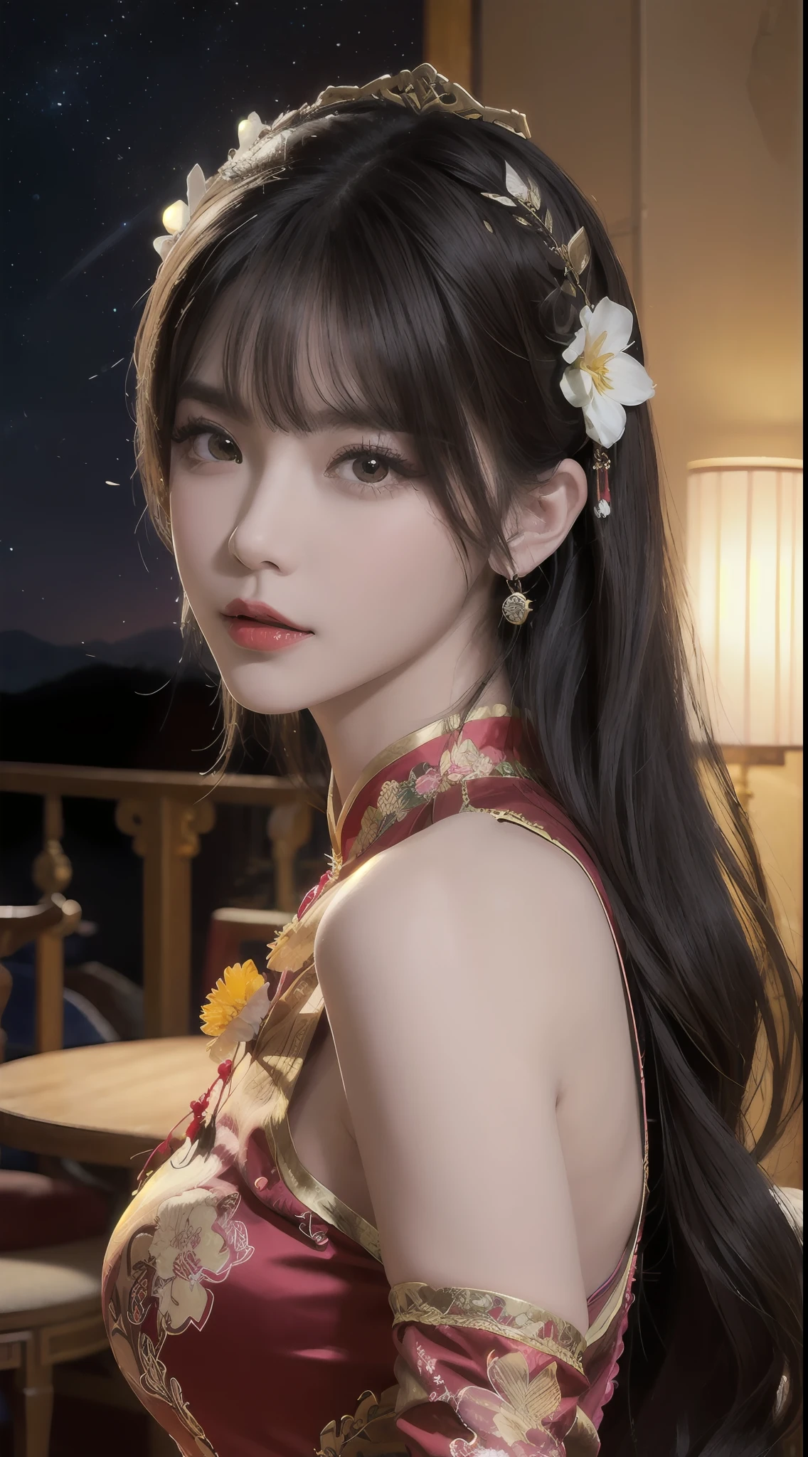 Woman wearing red and gold dress, flower background, palace, hanfu girl, wearing red cheongsam, chinese style, with ancient chinese costume, wearing ancient chinese costume, traditional beauty, Chinese Traditional, chinese girl, cheongsam, chinese costume, chinese princess, hanfu, chinese traditional clothing, chinese costume, 1 27-year-old girl, 1 zodiac goddess from the future, goddess of the pink and purple 12 zodiacs, the goddess of the zodiac in a yellow ao dai, a 12 zodiac ao dai with many black lace detail, mythology Goddess of the 12 zodiacs from the future, zodiac ♏, luxurious glittering zodiac style, dark and mysterious version, zodiac crown, lipstick lips red, thin and beautiful lips, mouth closed, characters made by karol bak and pino daeni, intricate detail, detailed background, extremely detailed, light magic, a woman, clear face, hair long with bangs, beautiful face in detail and well-proportioned eyes, (transparent yellow eyes: 1.8), big round eyes and very beautiful and detailed makeup, foresight, silk dress, mysterious makeup , double bangs and dyed light blonde , upper half portrait, zodiac goddess portrait, arms hanging loosely, Realistic and vivid photo, (stars make up the zodiac: 1.7), (sky background zodiac and fictitious space and time portal: 1.8), fiction art, RAW photo, hanfu picture, best photo, best photo quality, 8k quality, 8k ultra, super realistic, real photo most economical, the goddess poses sexy and seductive,