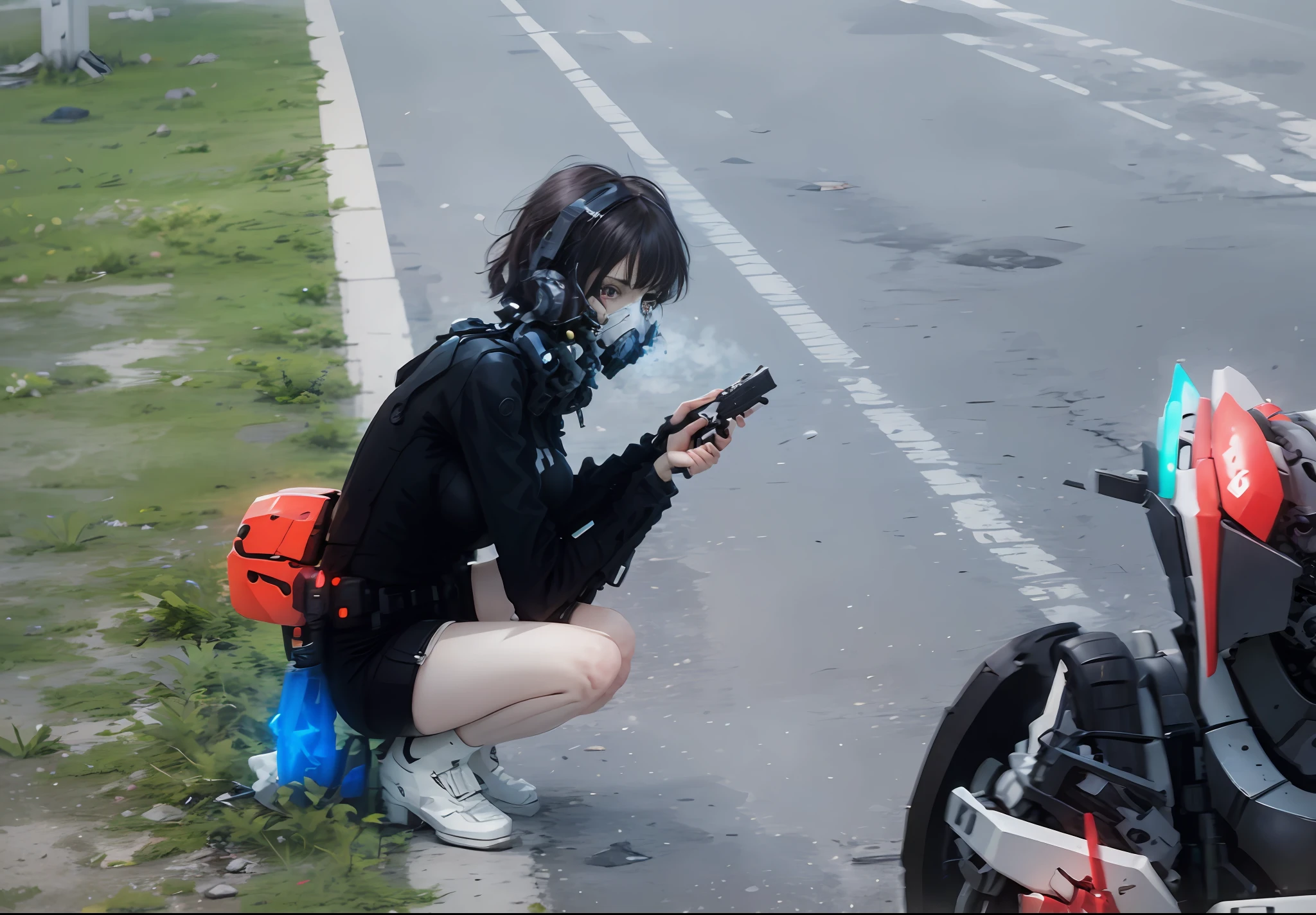 This is a CG Unity 8k wallpaper with ultra-detailed, high-resolution and top quality in cyberpunk style, dominated by black and red. In the picture, a beautiful girl with white messy short hair, a delicate face, wearing a steam mecha mask, a girl wearing black futuristic mecha equipment, a Valkyrie, behind her is a huge robot, and the action of a woman holding a heavy sniper rifle in her hand, the scene remains unchanged