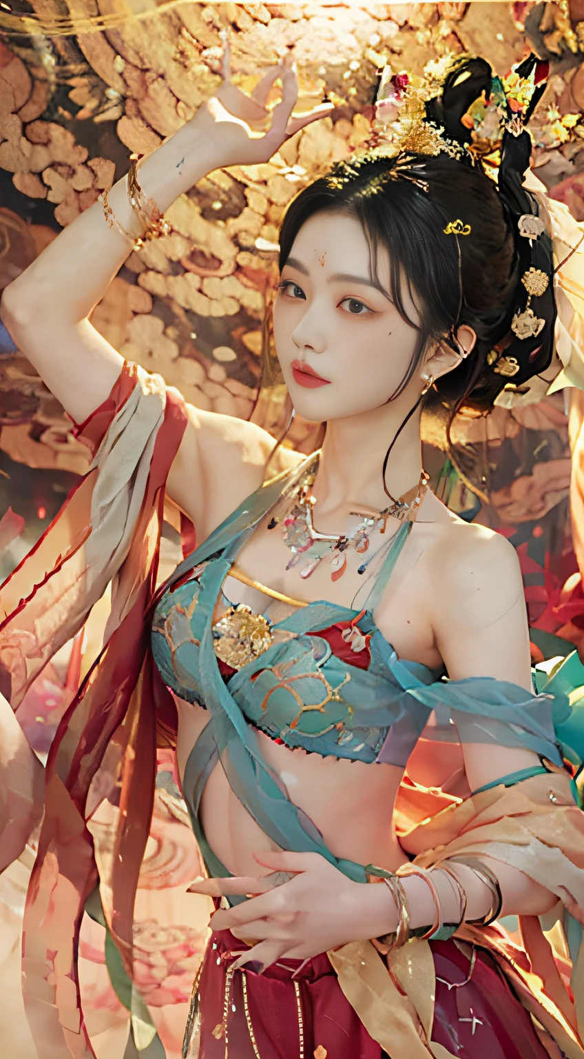 (Realistic, photorealistic: 1.4), (Very detailed CG unity 8k wallpaper), (1 girl), dance, dunhuang_dress, dunhuang_style, dunhuang_background, arm up, gold ornaments, ancient Chinese hairstyle, tulle, streamers, light makeup, eye shadow, eyebrow mole, (face), dynamic pose, background smoke surrounding, red and green color scheme, petals flying, details, jewelry, earrings, bracelets, shoulders, complex textures, busts, guqin, pipa,,