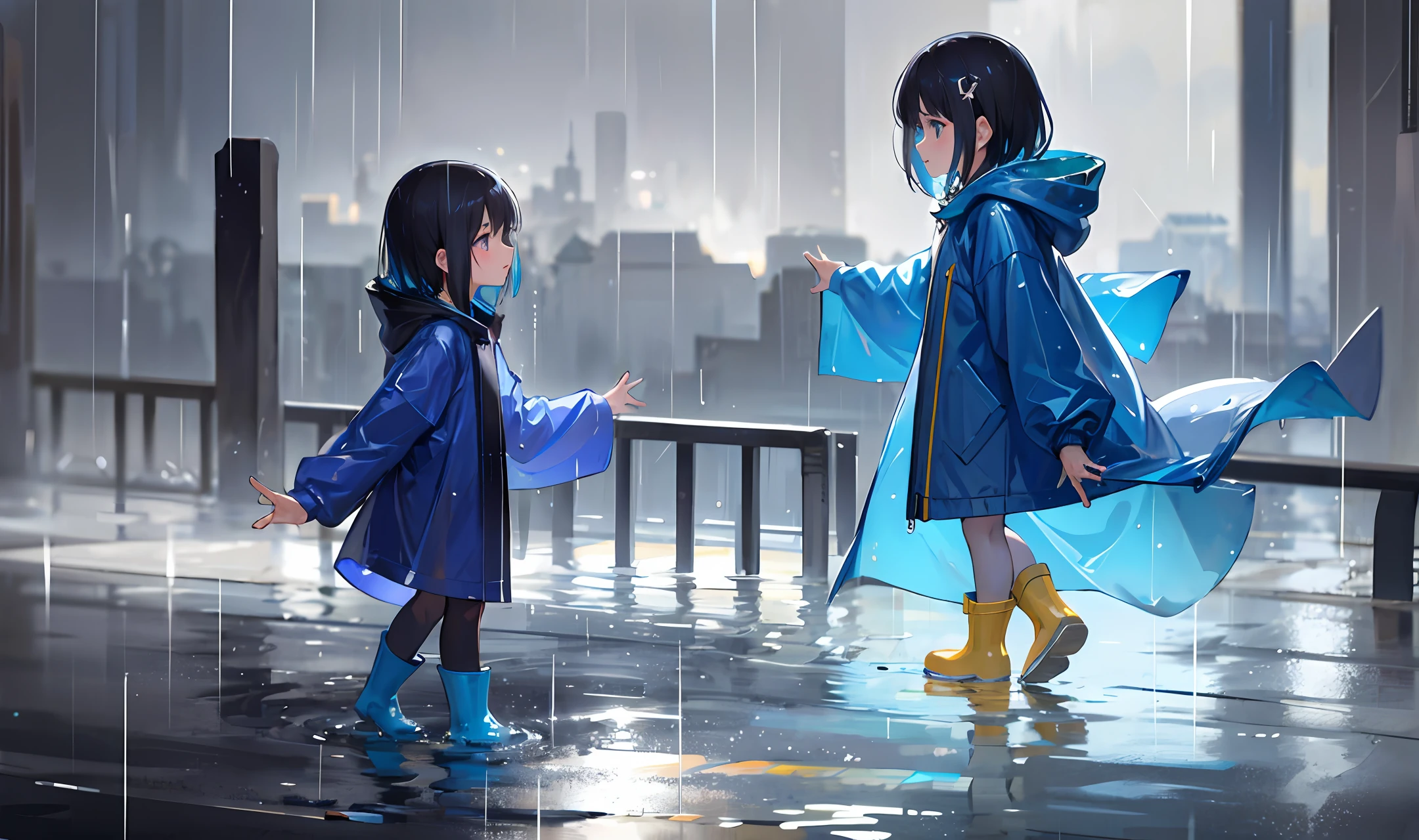 Rain, raincoat rain boots, treading water, translucent blue raincoat, little girl