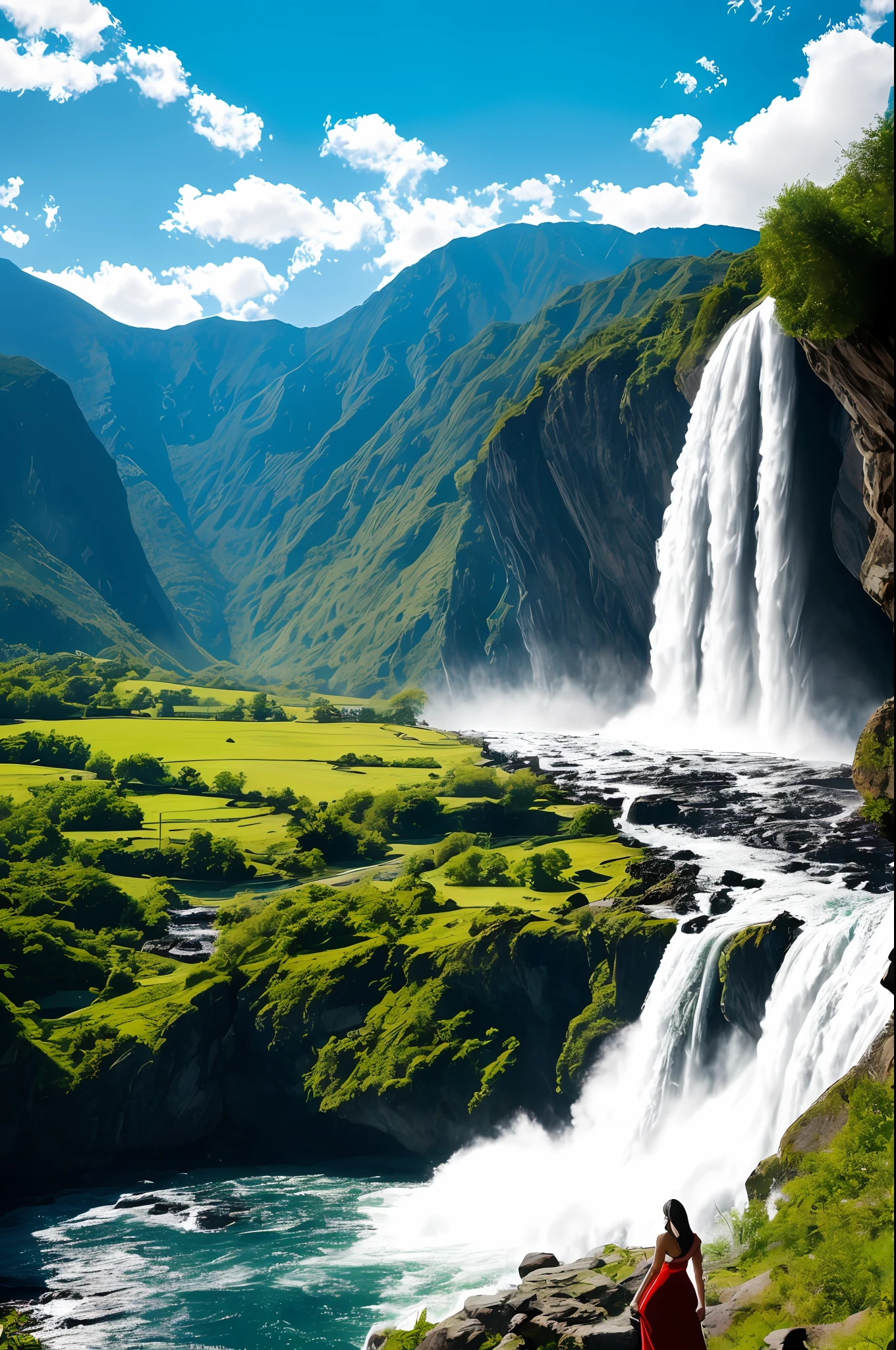 A wide waterfall flows down from the mountain, a woman in a red dress stands facing the waterfall, colorful clouds in the sky slowly moving, close-up, real images, cinematic, natural light --auto