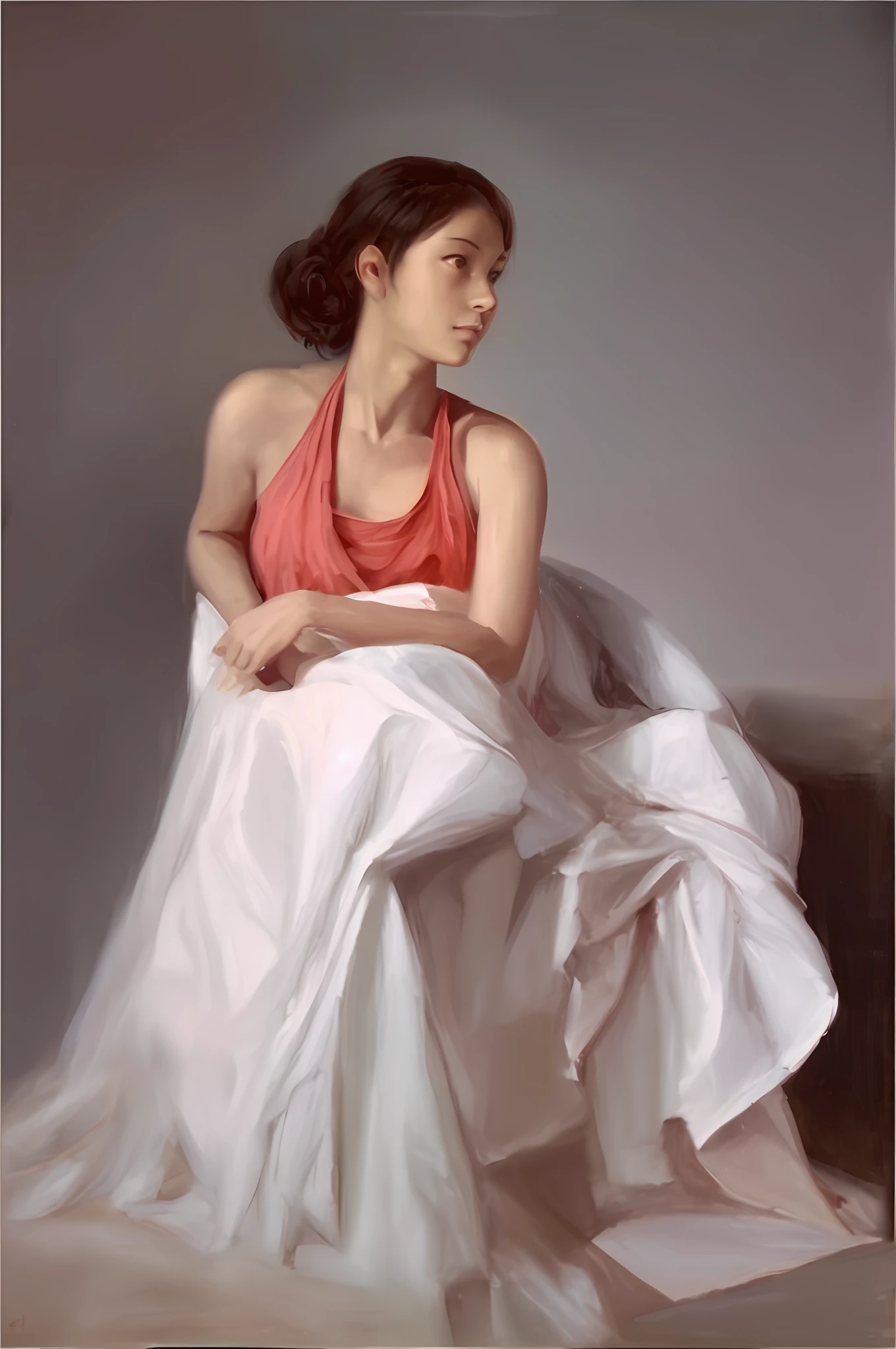 The light is dim, the oil painting is light in color, realistic oil painting, the reflection is school, the pixels are low,