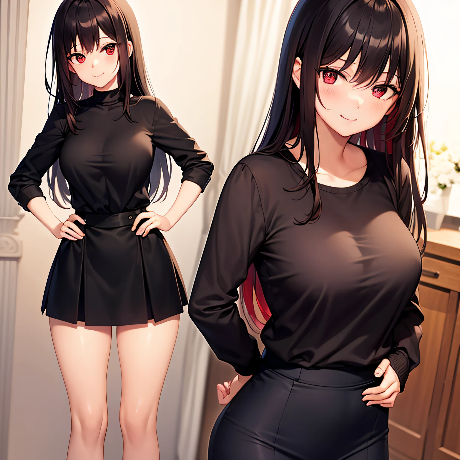 best image quality, very delicate and beautiful, big, red eyes, women, (alone), (black hair), long hair, (red hair band), black clothes, black skirt, standing, hands behind hips, smile,